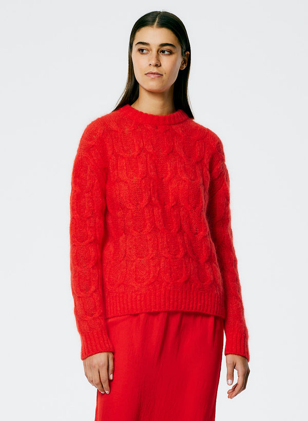 Soft Mohair Cable Crewneck Easy Pullover - Red-1