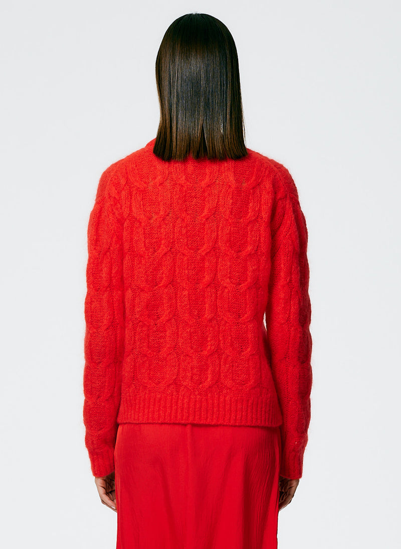 Soft Mohair Cable Crewneck Easy Pullover Red-3