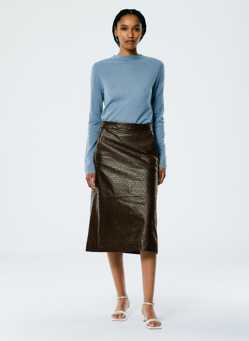 티비 Tibi Ostrich Leather A-Line Skirt,Dark Brown