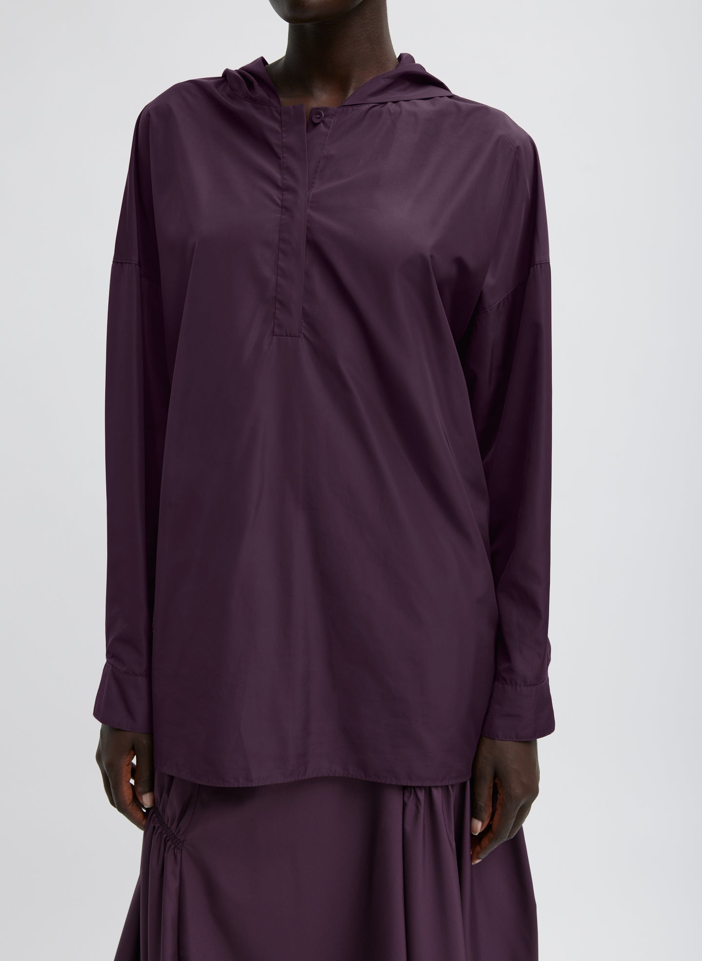 Shirred Nylon Hoodie With Cocoon Back - Aubergine-1