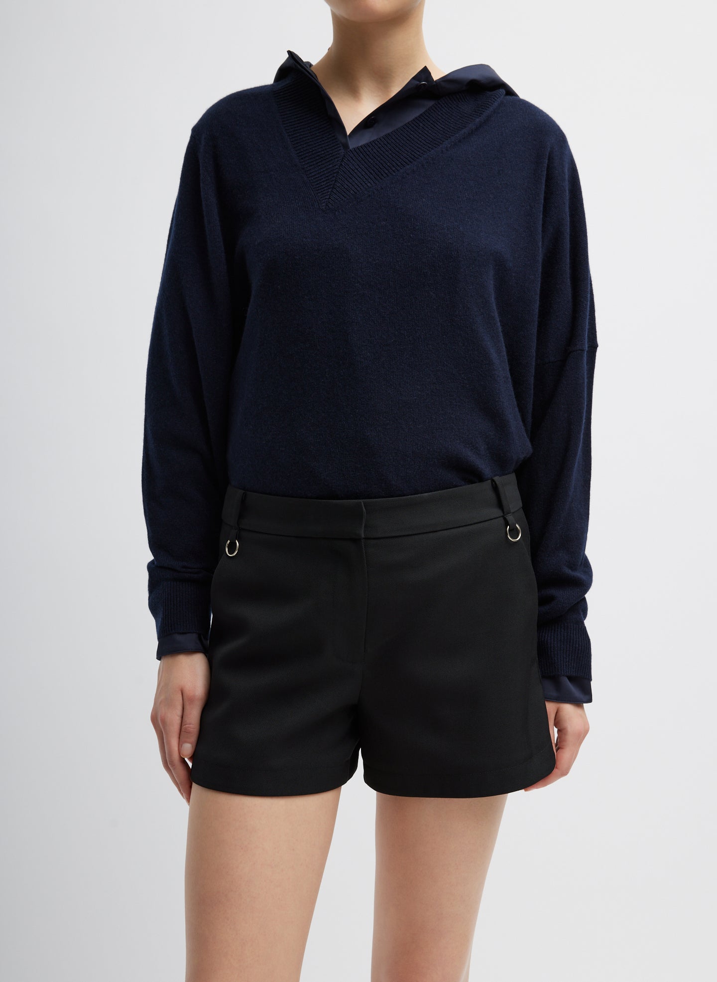 Washable Cashmere Warp V-Neck Pullover - Navy-1