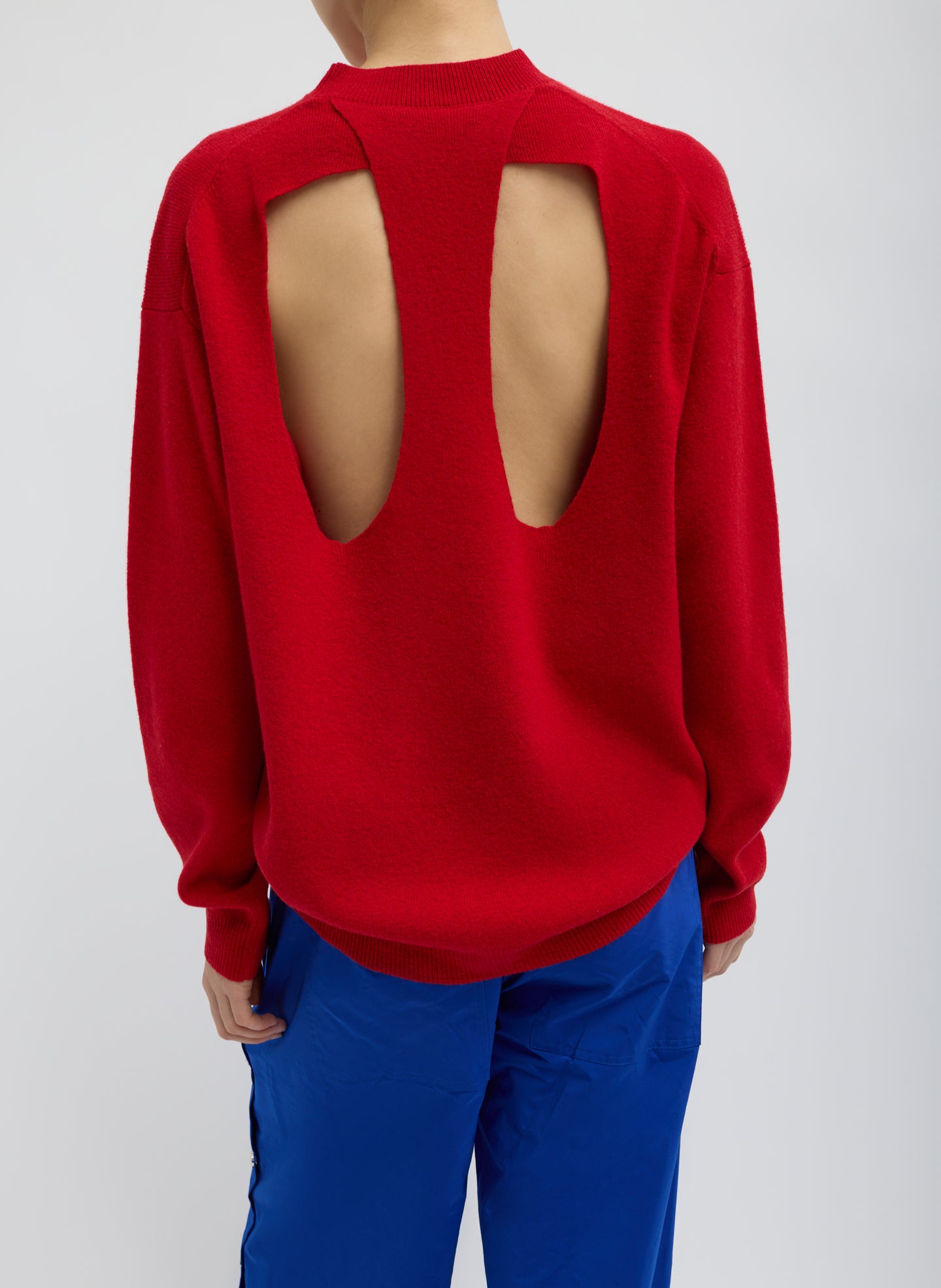ed Anna Merino Wool Cut Out Racerback Pullover - crewneck sweater, back view on model