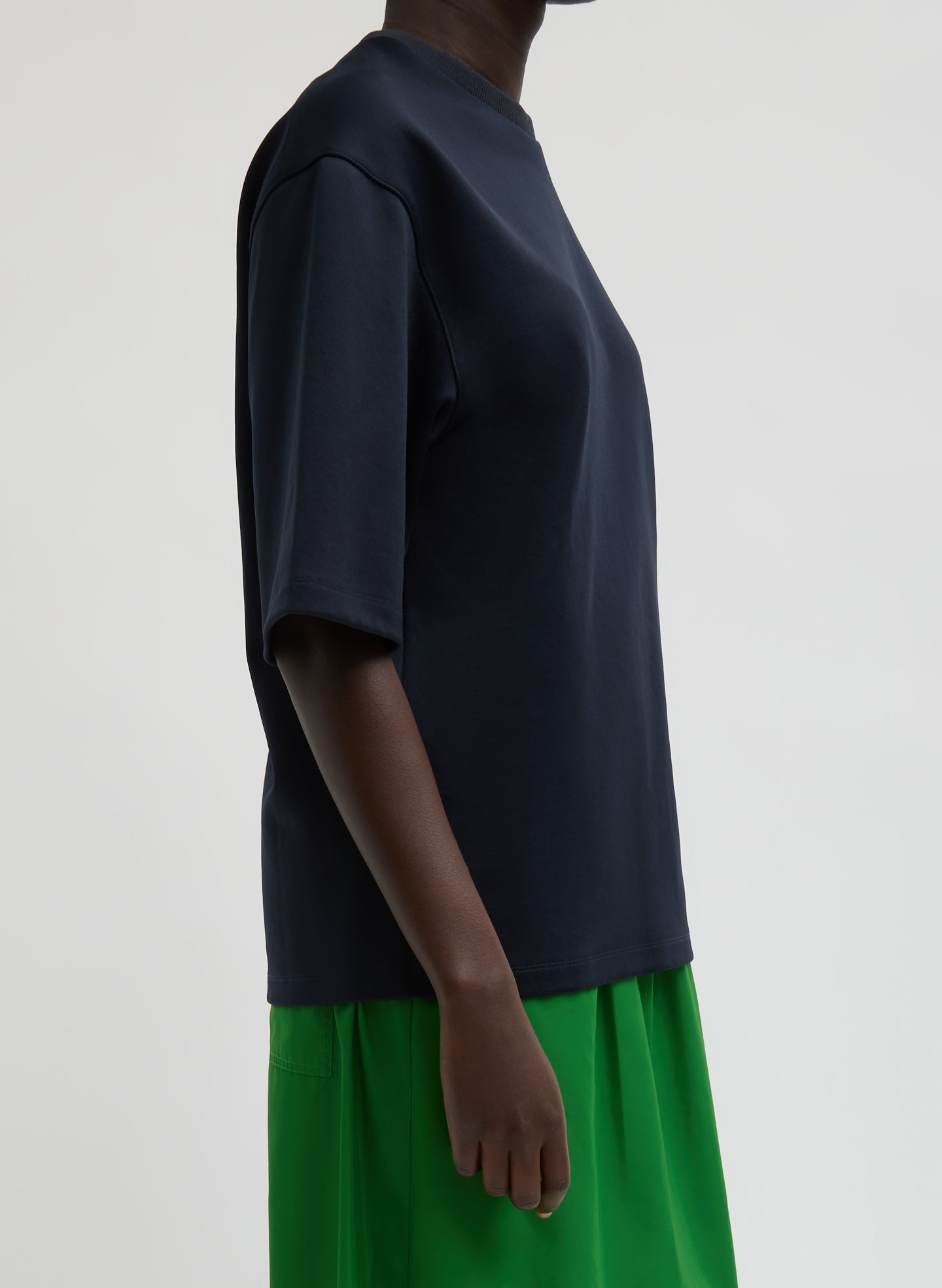 Navy Active Knit Easy T-Shirt - oversized tee, side view on model