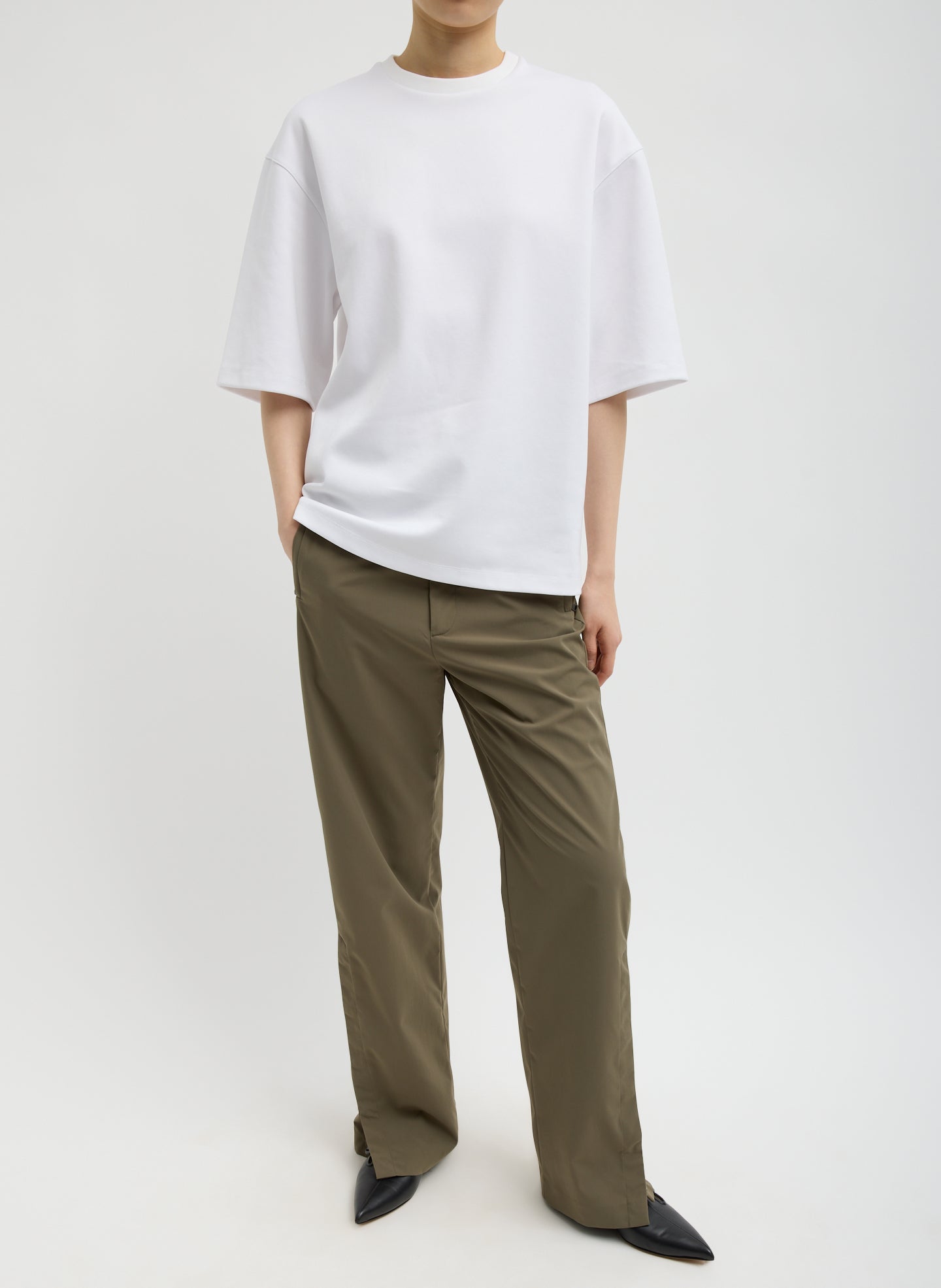 White Active Knit Easy T-Shirt - full look, front view on model