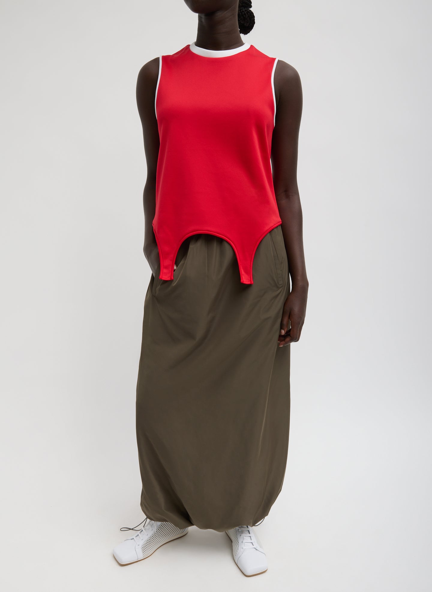 Red Active Knit Flip Tank - full look, front view on model