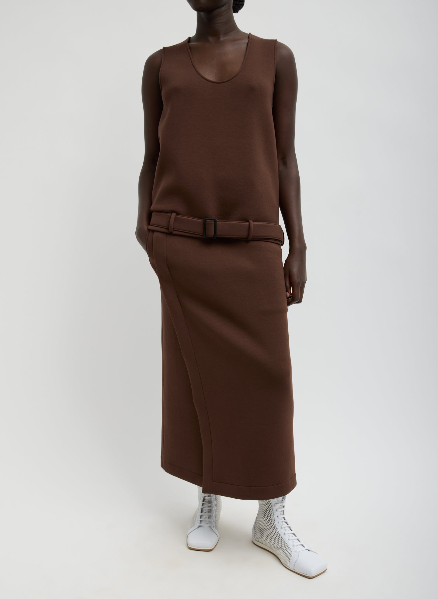 Brown Bonded Viscose Maxi Wrap Skirt - full look, front view on model