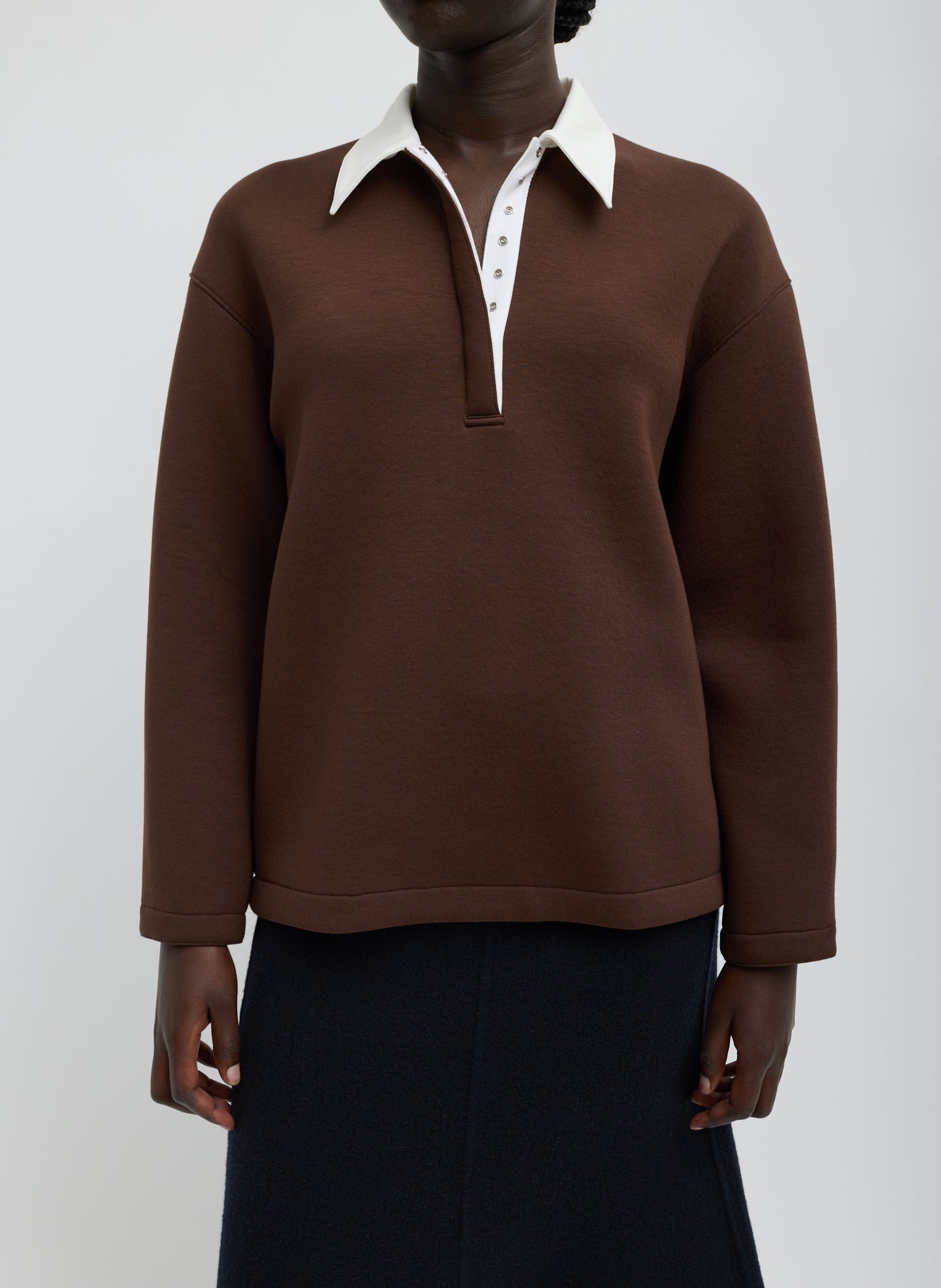 Bonded Viscose Sculpted Polo - Brown Bonded Viscose Sculpted Polo - white contrast collar, front view on model