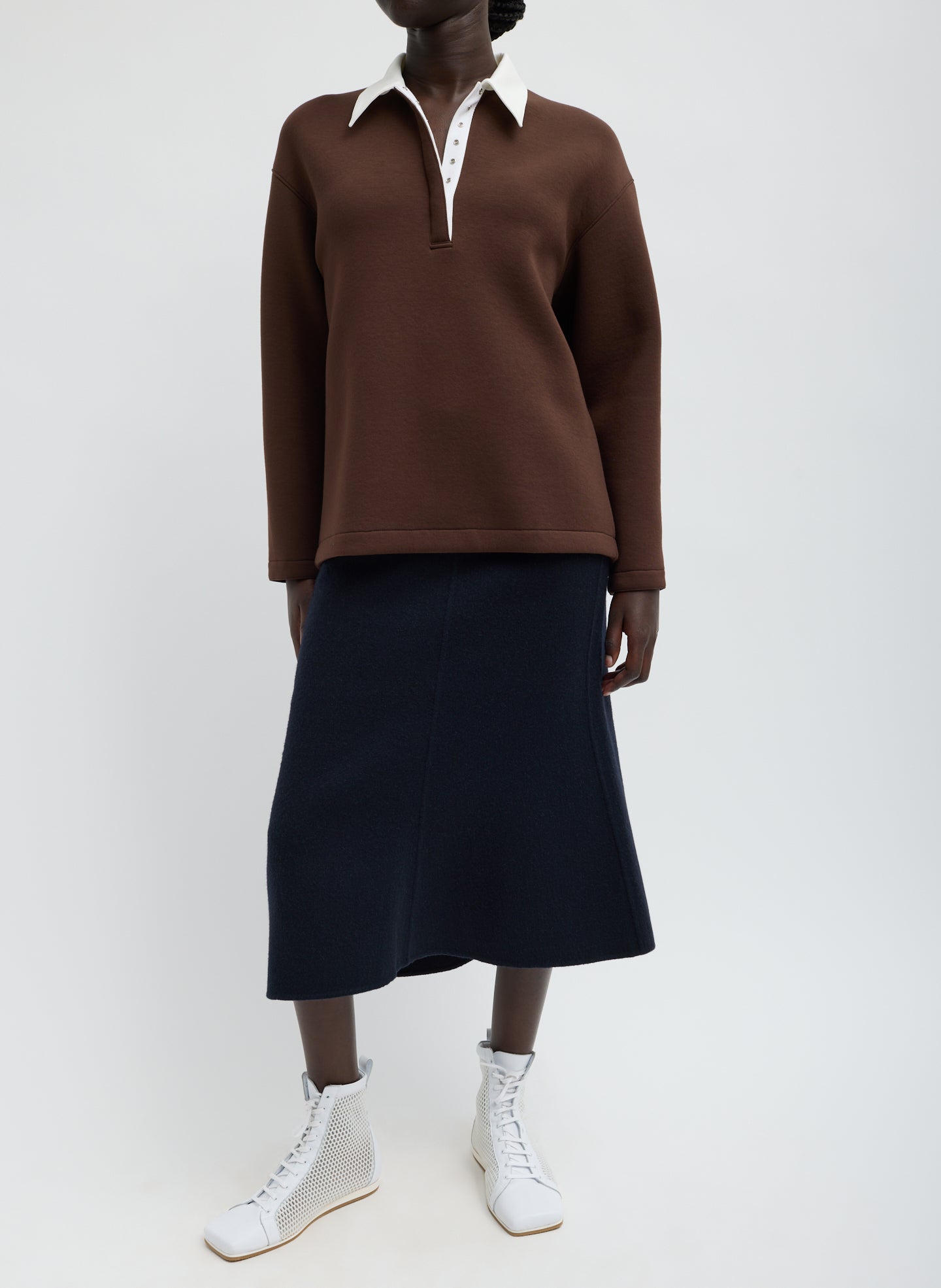 Brown Bonded Viscose Sculpted Polo - full look, front view on model