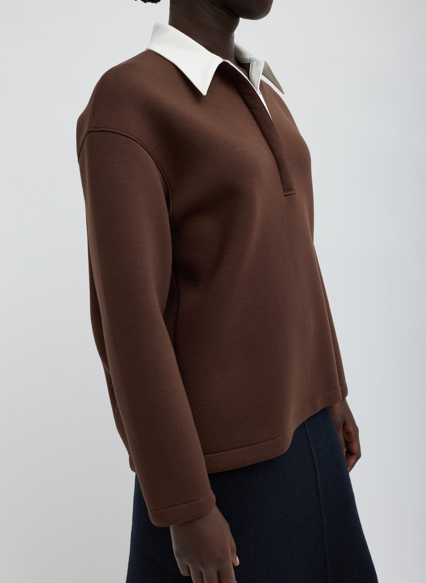 Brown Bonded Viscose Sculpted Polo - white contrast collar, side view on model