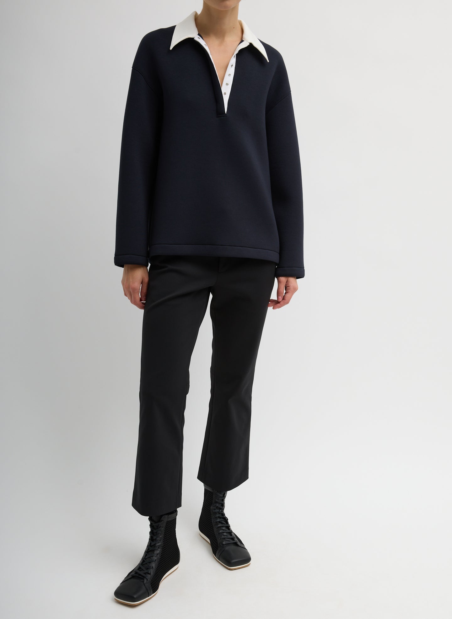 Dark Navy Bonded Viscose Sculpted Polo - full look, front view on model