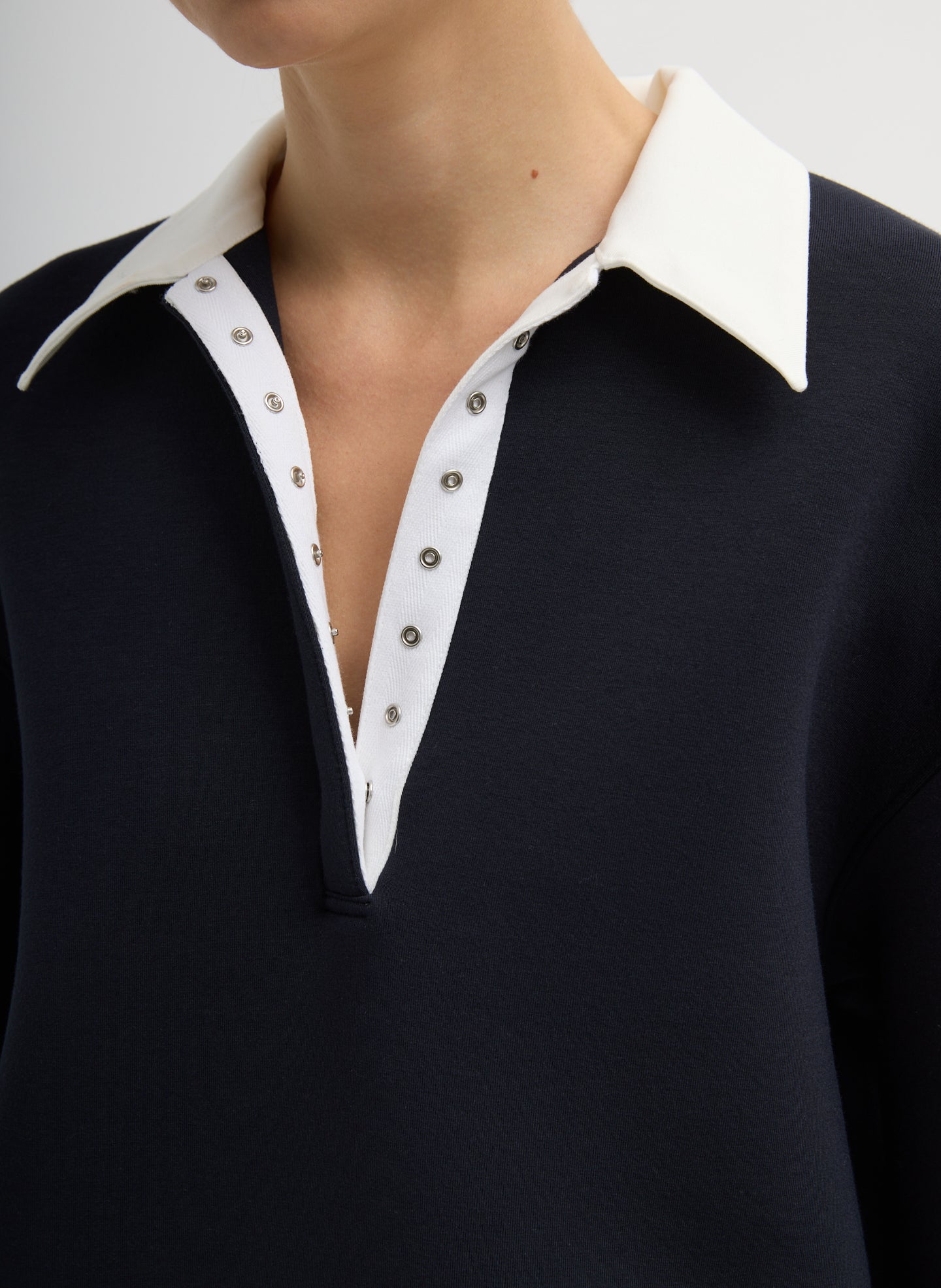 Dark Navy Bonded Viscose Sculpted Polo - closeup of unbuttoned collar