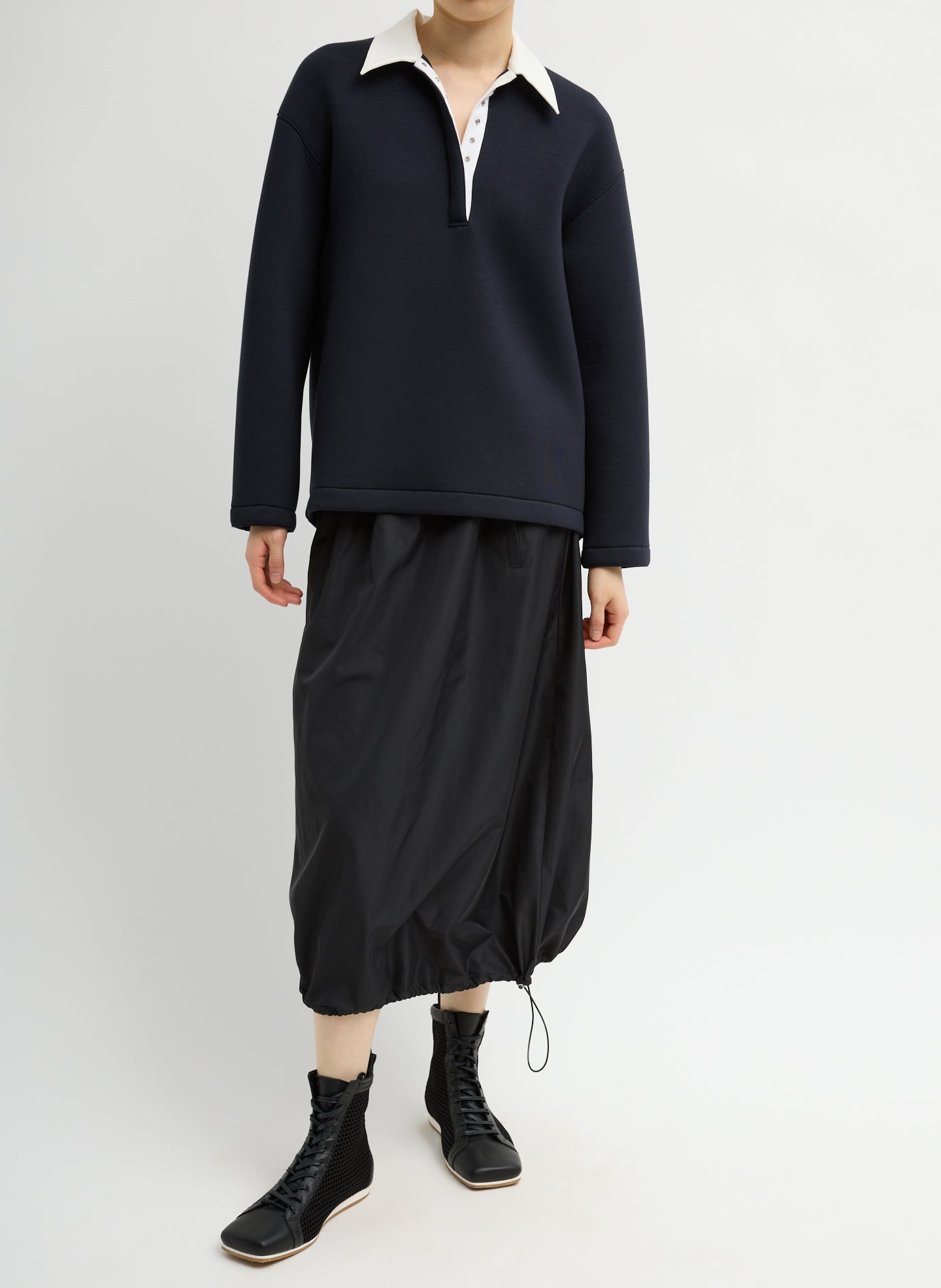 Dark Navy Bonded Viscose Sculpted Polo - full look, front view on model