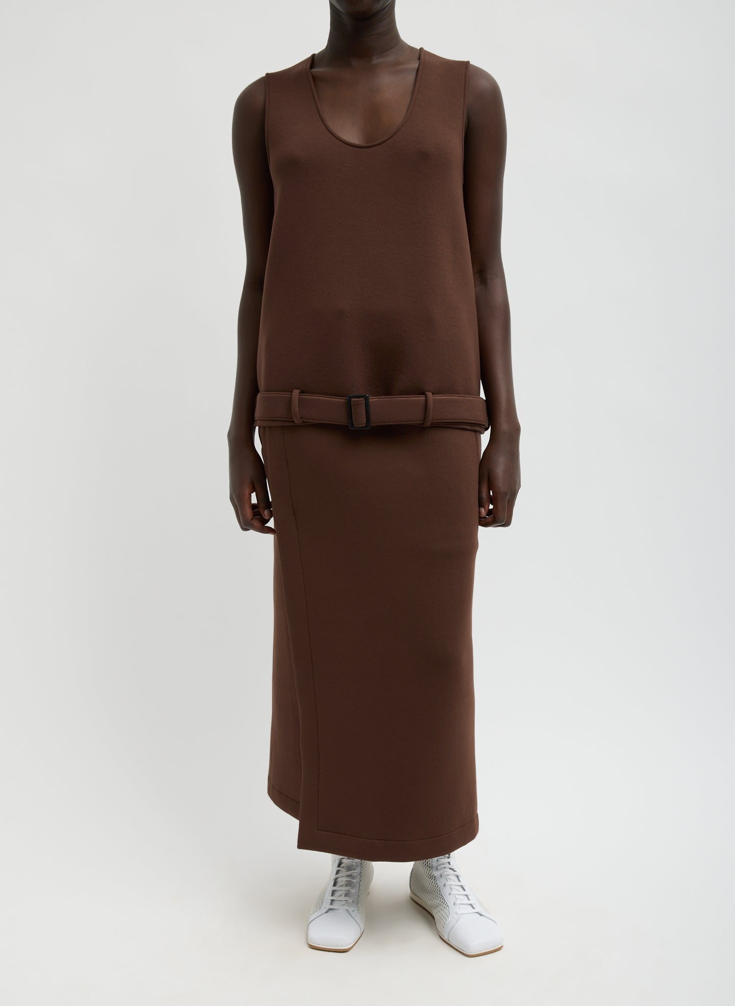 Brown Bonded Viscose Tank Top - full look, front view on model