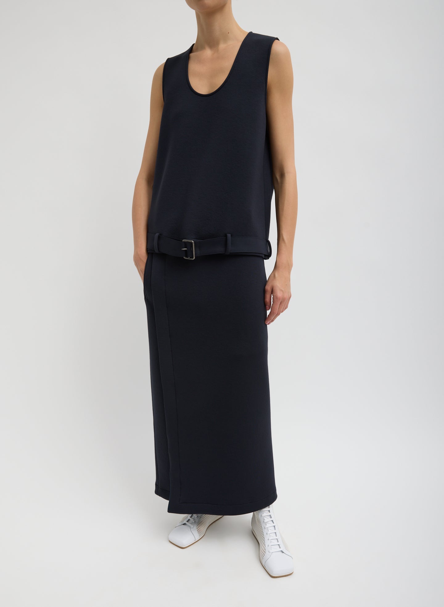 Dark Navy Bonded Viscose Tank Top - full look, front view on model