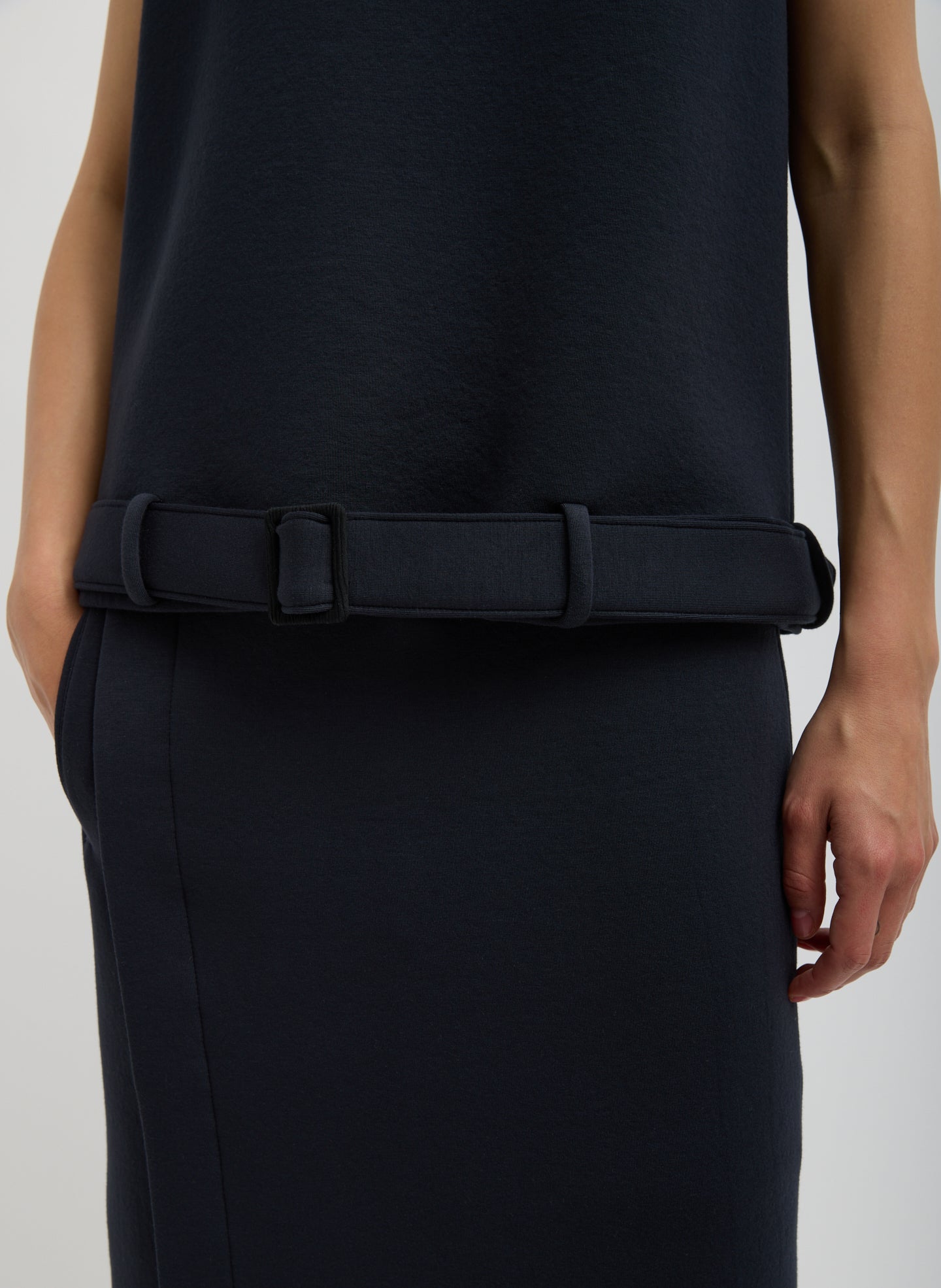 Dark Navy Bonded Viscose Tank Top - closeup of belt detail at hem