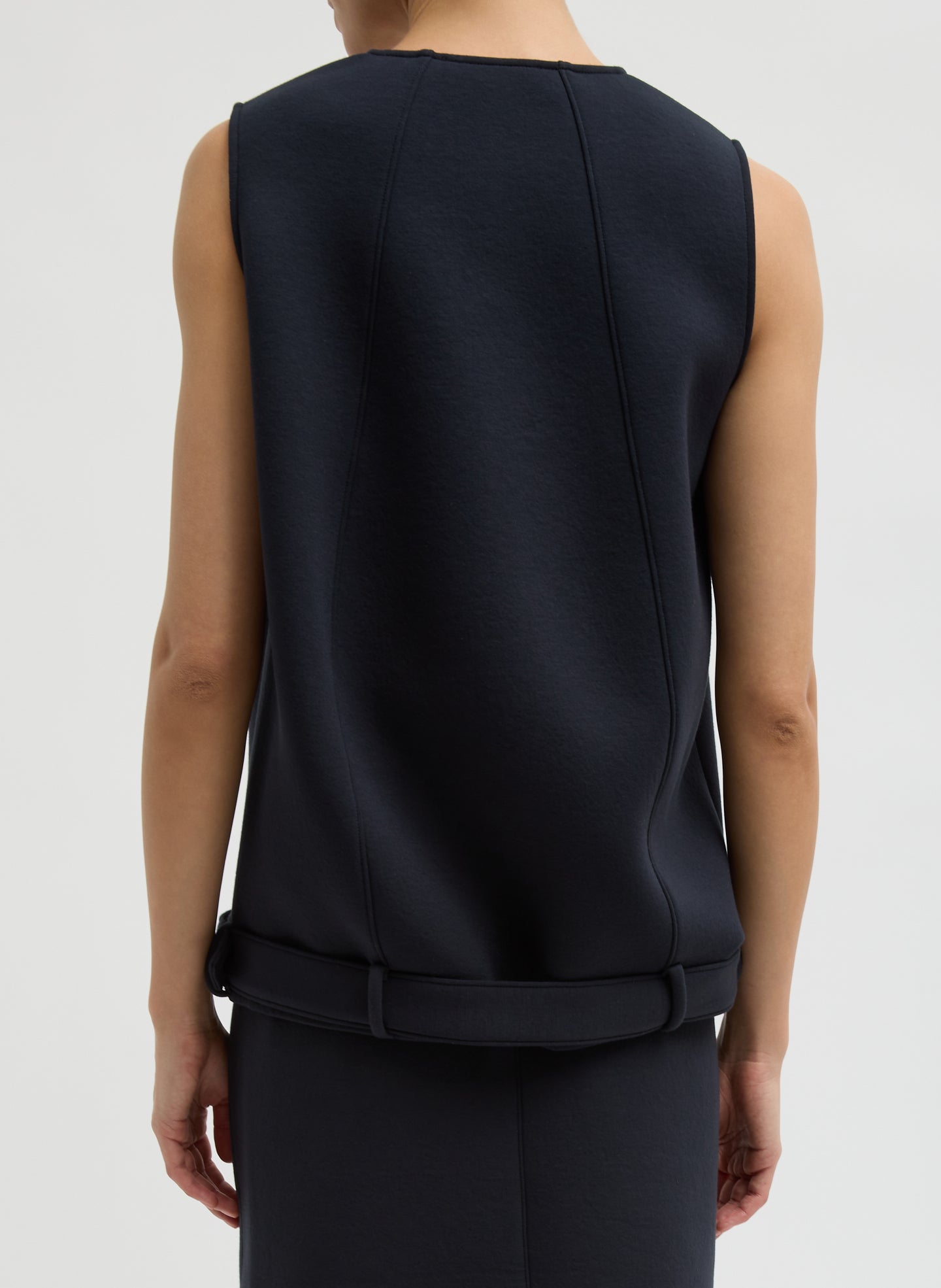 Dark Navy Bonded Viscose Tank Top - belted, back view on model