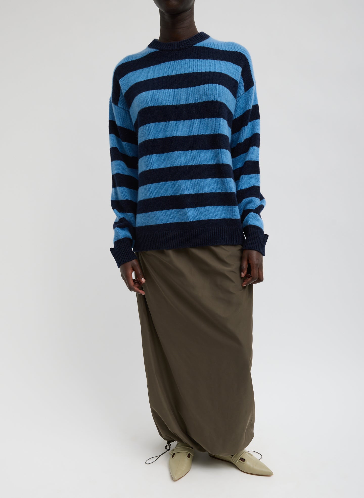 Navy and Blue Striped Cashmere Crewneck Easy Pullover - full look, front view on model