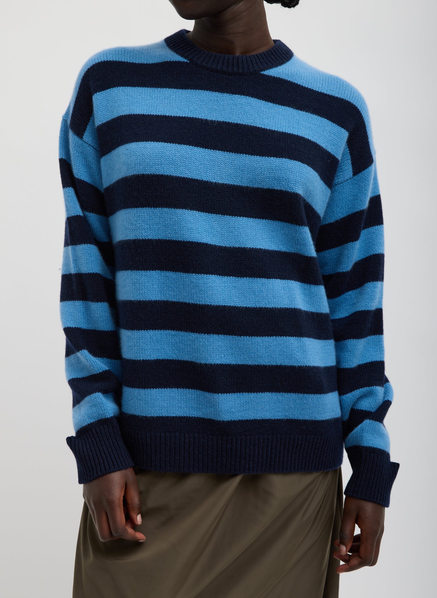 Striped Cashmere Crewneck Easy Pullover - Navy and Blue Striped Cashmere Crewneck Easy Pullover - striped cashmere sweater, front view on model