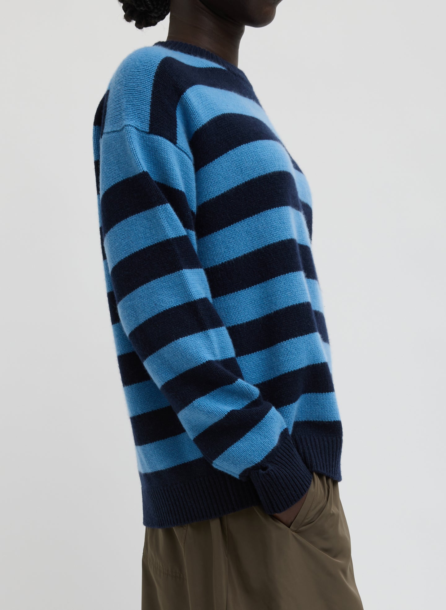 Navy and Blue Striped Cashmere Crewneck Easy Pullover - striped cashmere sweater, side view on model