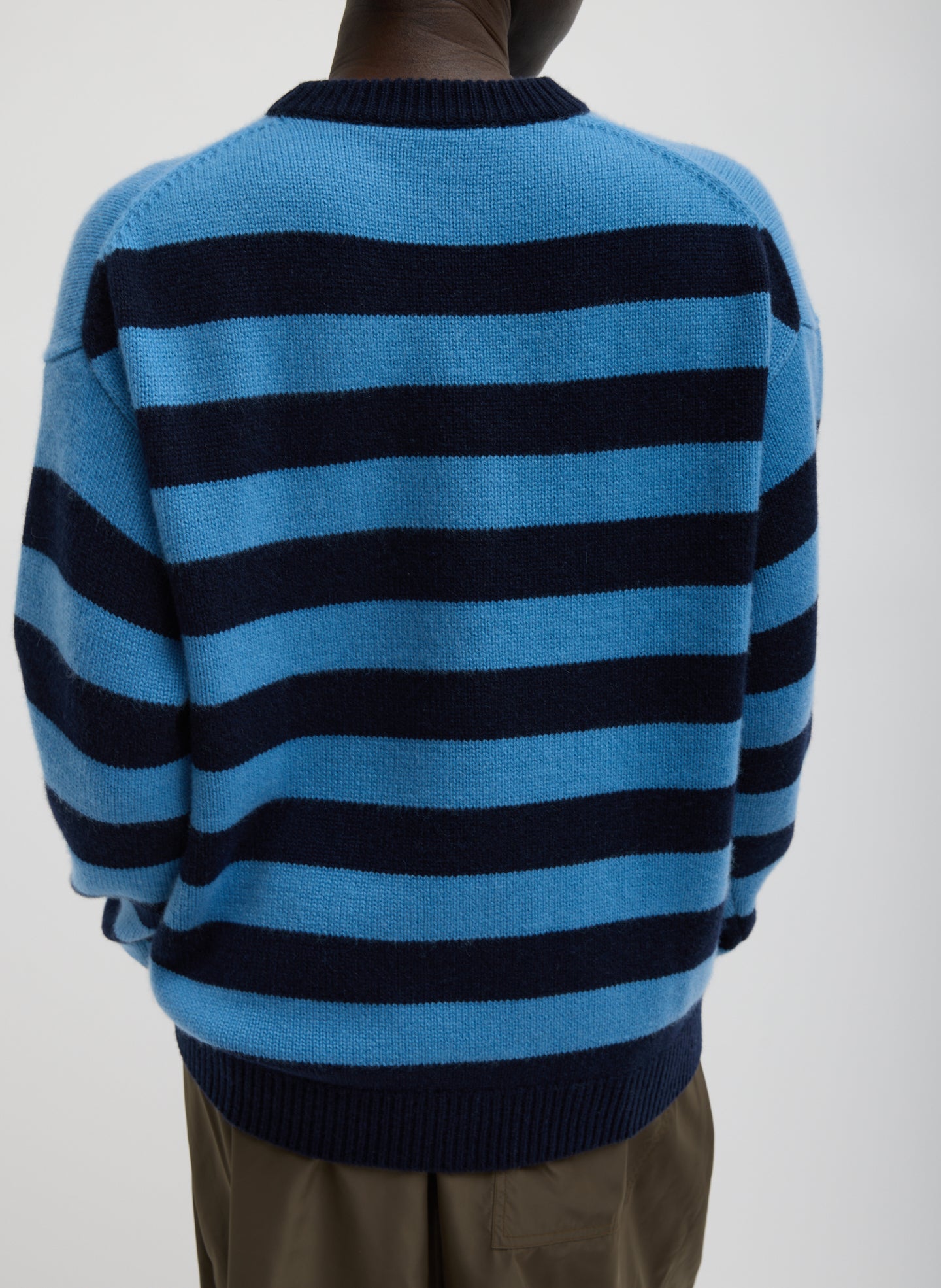Navy and Blue Striped Cashmere Crewneck Easy Pullover - striped cashmere sweater, back view on model