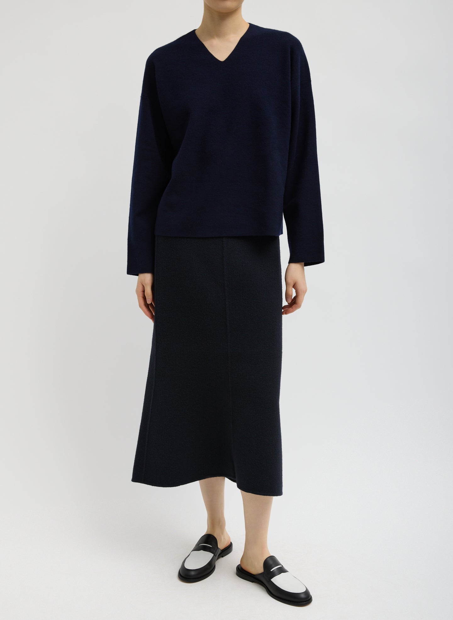Dark Navy Double Faced Cashmere Oversized Easy Sweater - full look, front view on model