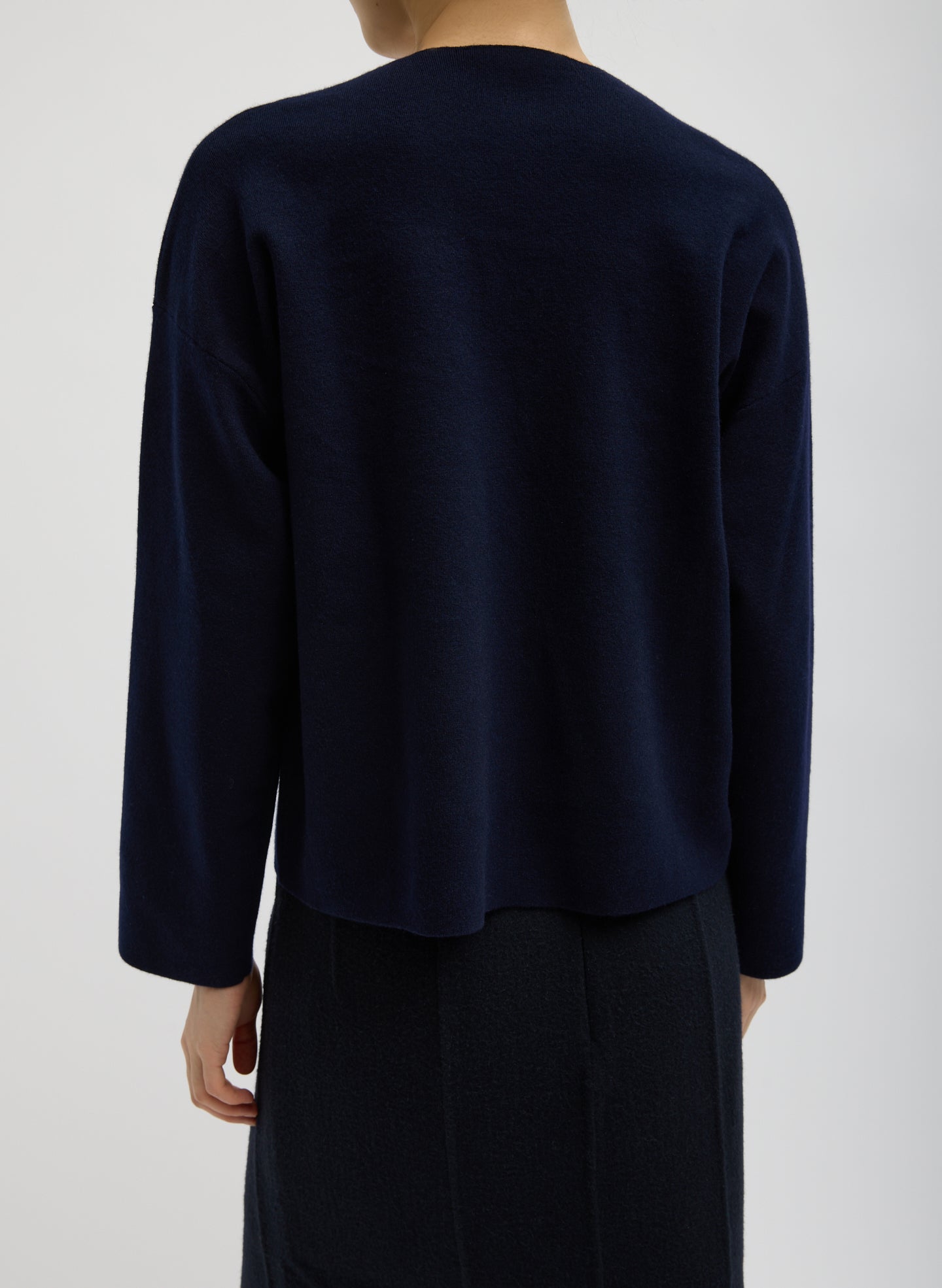Dark Navy Double Faced Cashmere Oversized Easy Sweater - v-neck sweater, back view on model