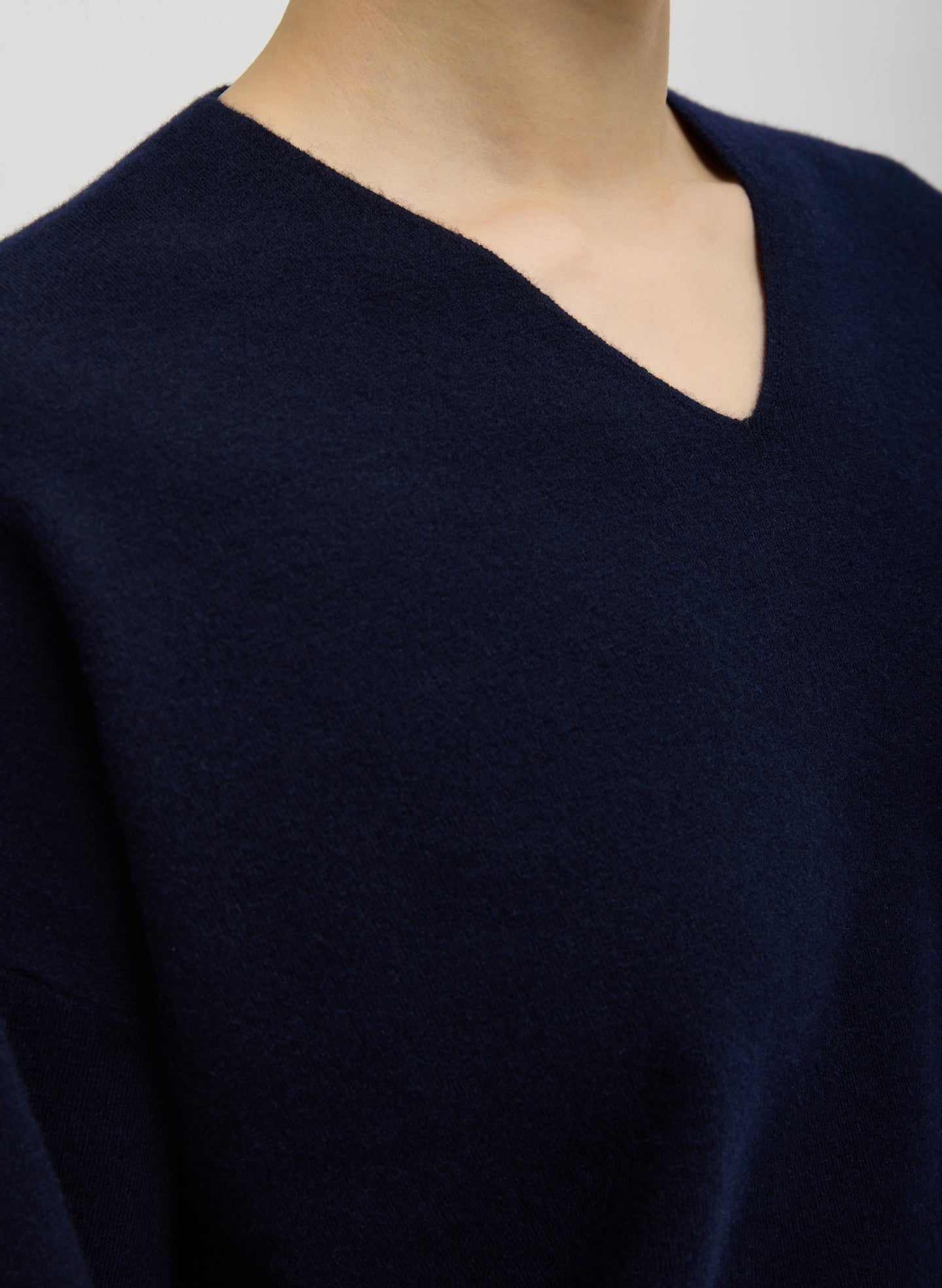 Dark Navy Double Faced Cashmere Oversized Easy Sweater - closeup of neckline