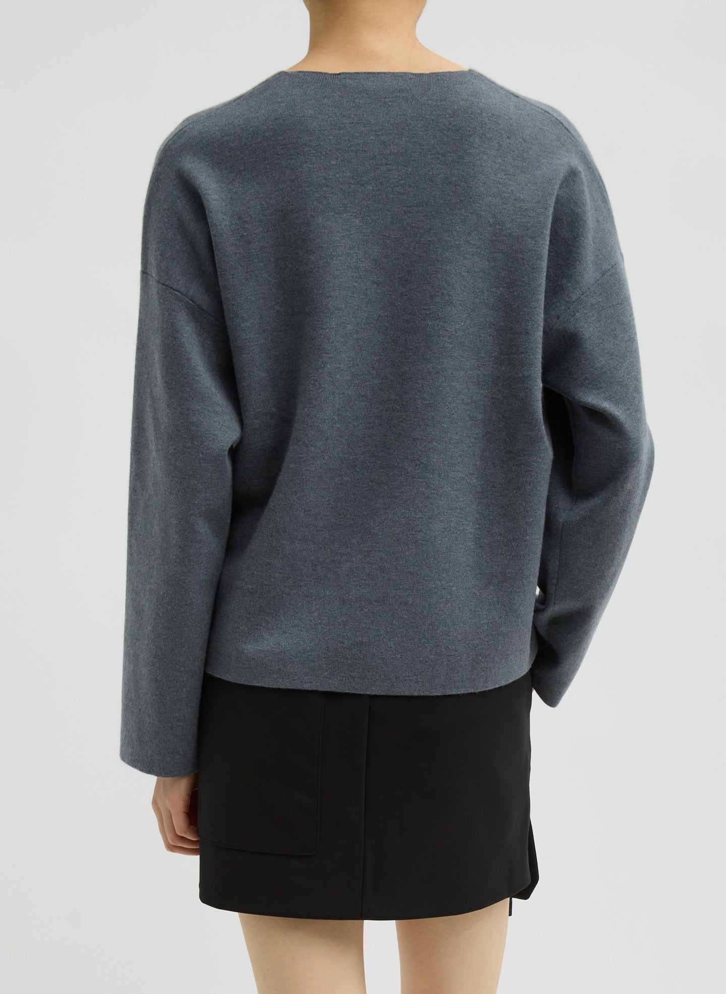 Medium Heather Grey Double Faced Cashmere Oversized Easy Sweater - v-neck sweater, back view on model