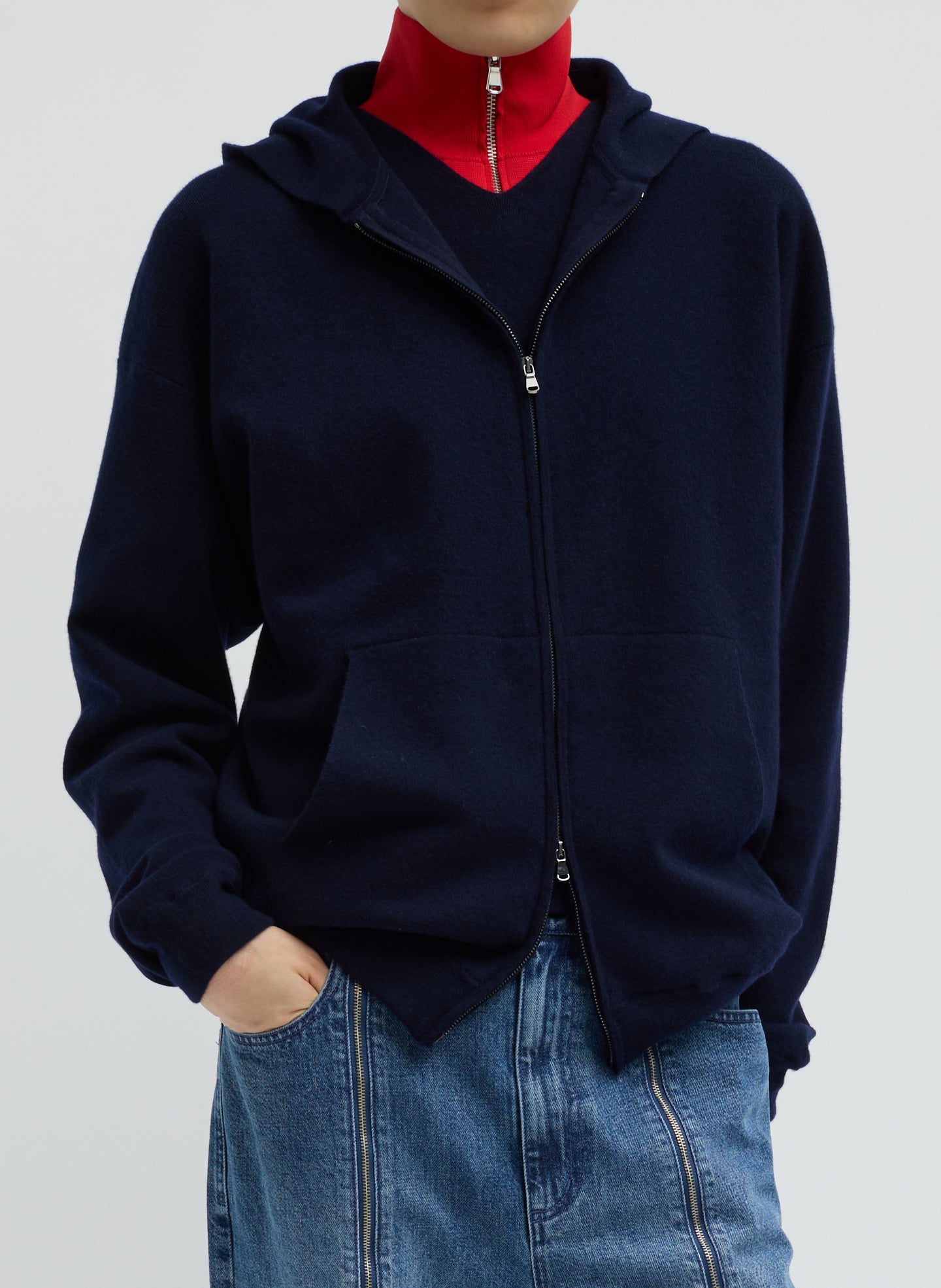 Double Faced Cashmere Hoodie - Dark Navy Double Faced Cashmere Hoodie - zip up hooded sweater, front view on model