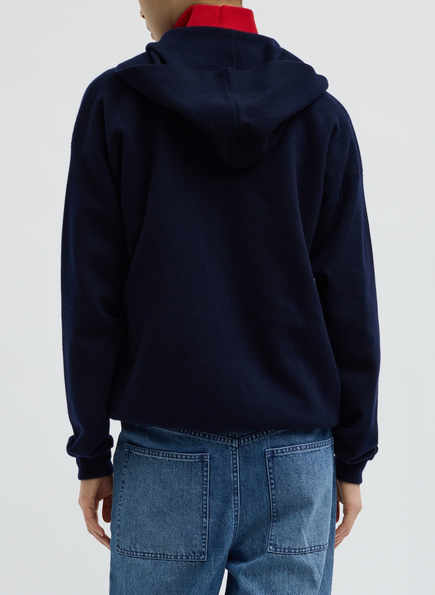 Dark Navy Double Faced Cashmere Hoodie - zip up hooded sweater, back view on model