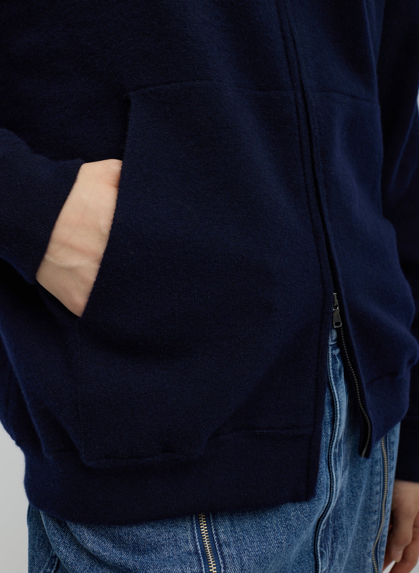 Dark Navy Double Faced Cashmere Hoodie - closeup of front pocket detail