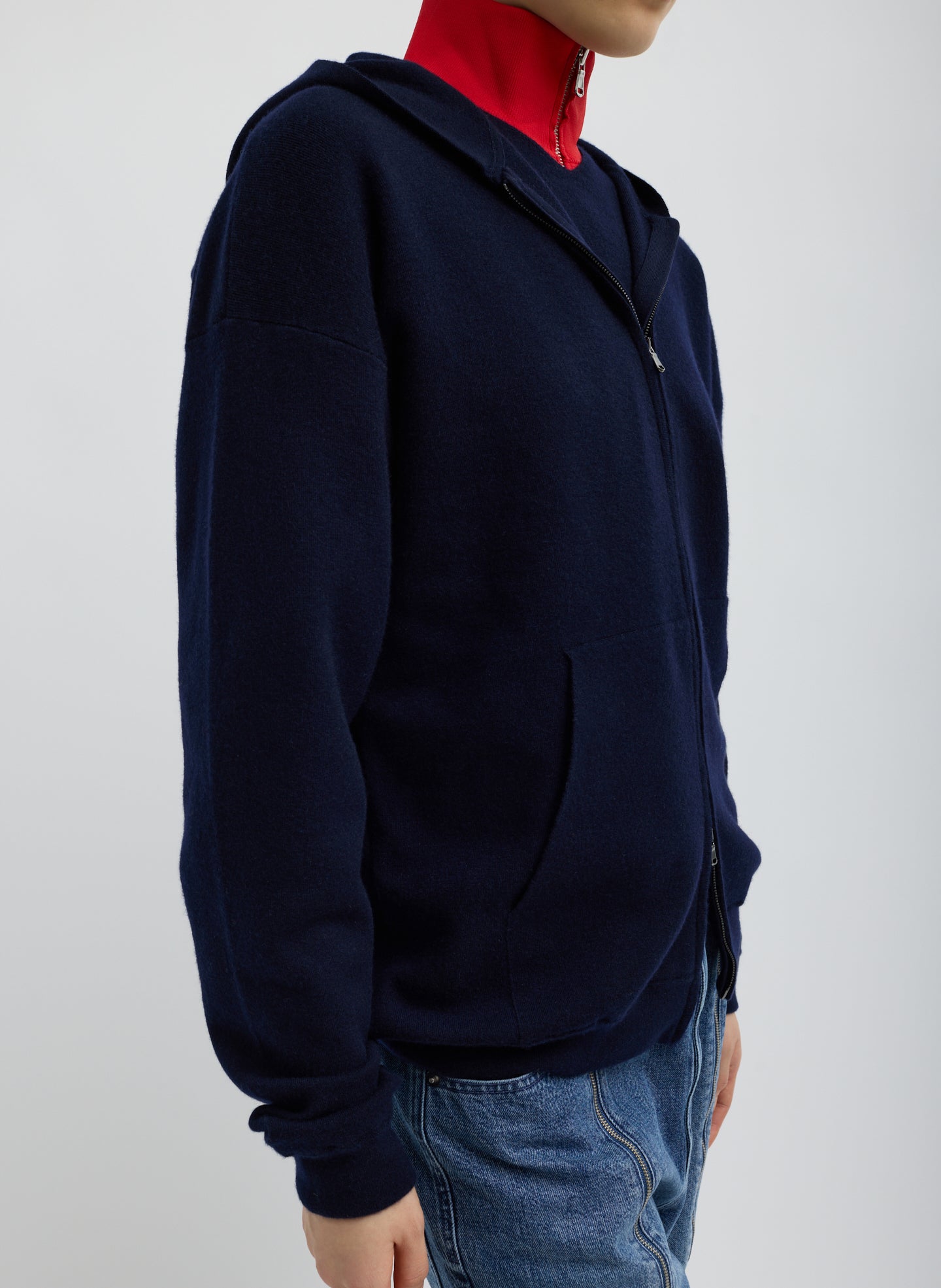 Dark Navy Double Faced Cashmere Hoodie - zip up hooded sweater, side view on model