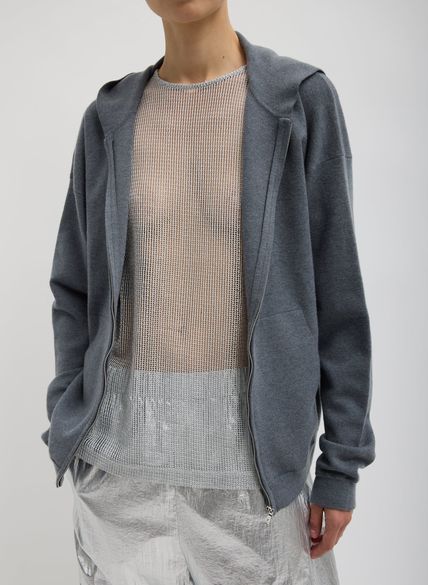 Double Faced Cashmere Hoodie - Medium Heather Grey Double Faced Cashmere Hoodie - zip up hooded sweater, front view on model