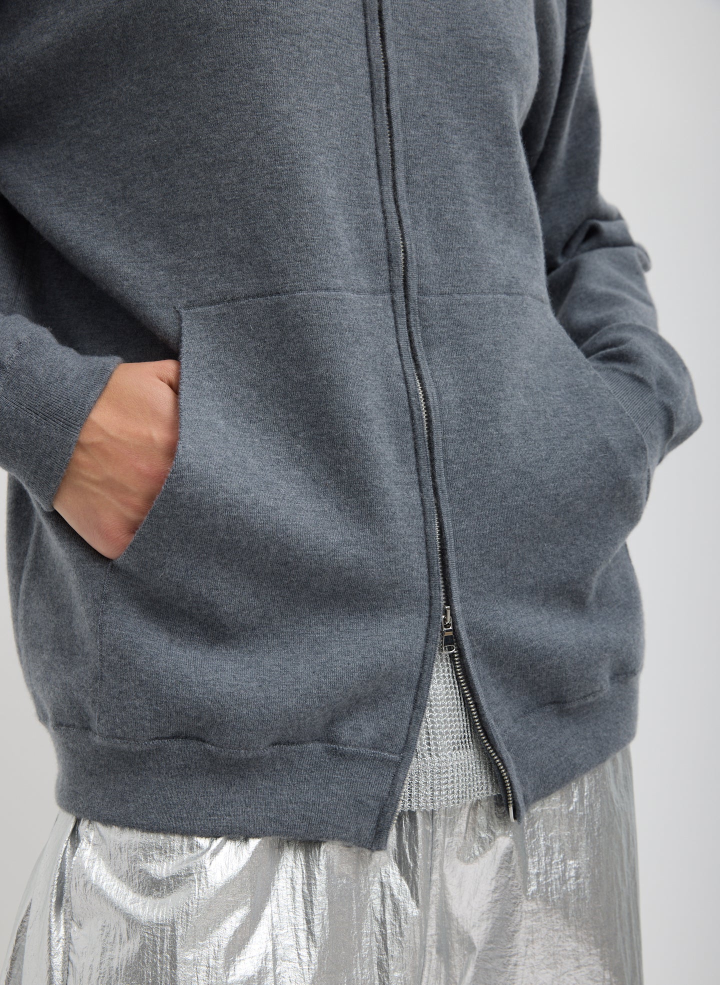Medium Heather Grey Double Faced Cashmere Hoodie - closeup of zip front detail