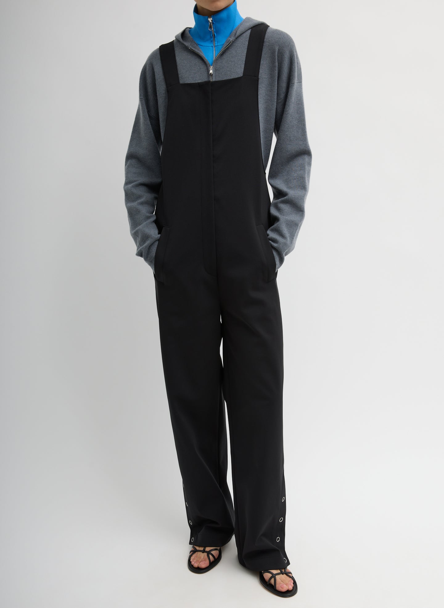 Compact Tech Knit Overalls - Black Compact Tech Knit Overalls - full look, front view on model