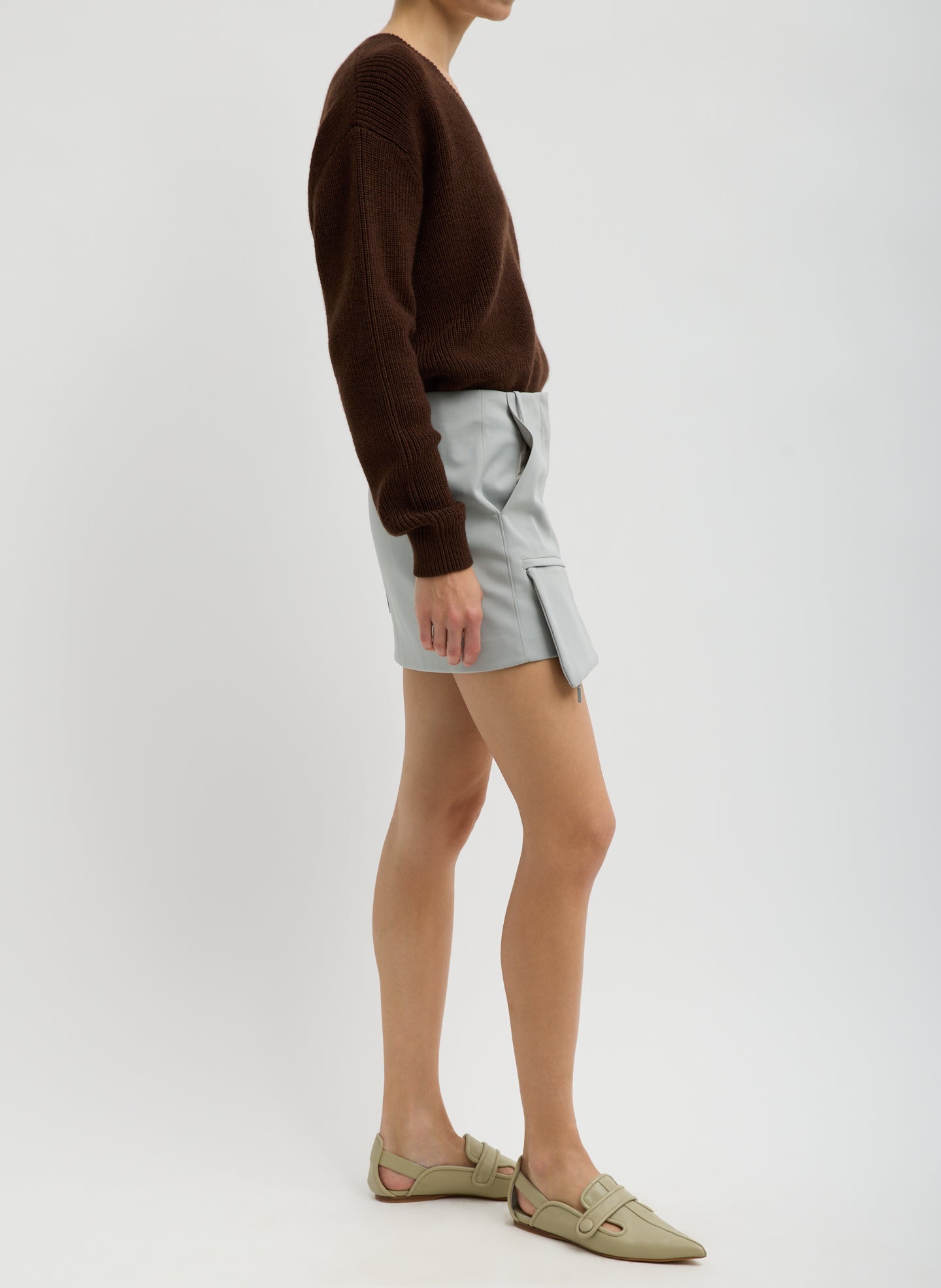 Light Grey Compact Tech Knit Mini Skirt - full look, side view on model
