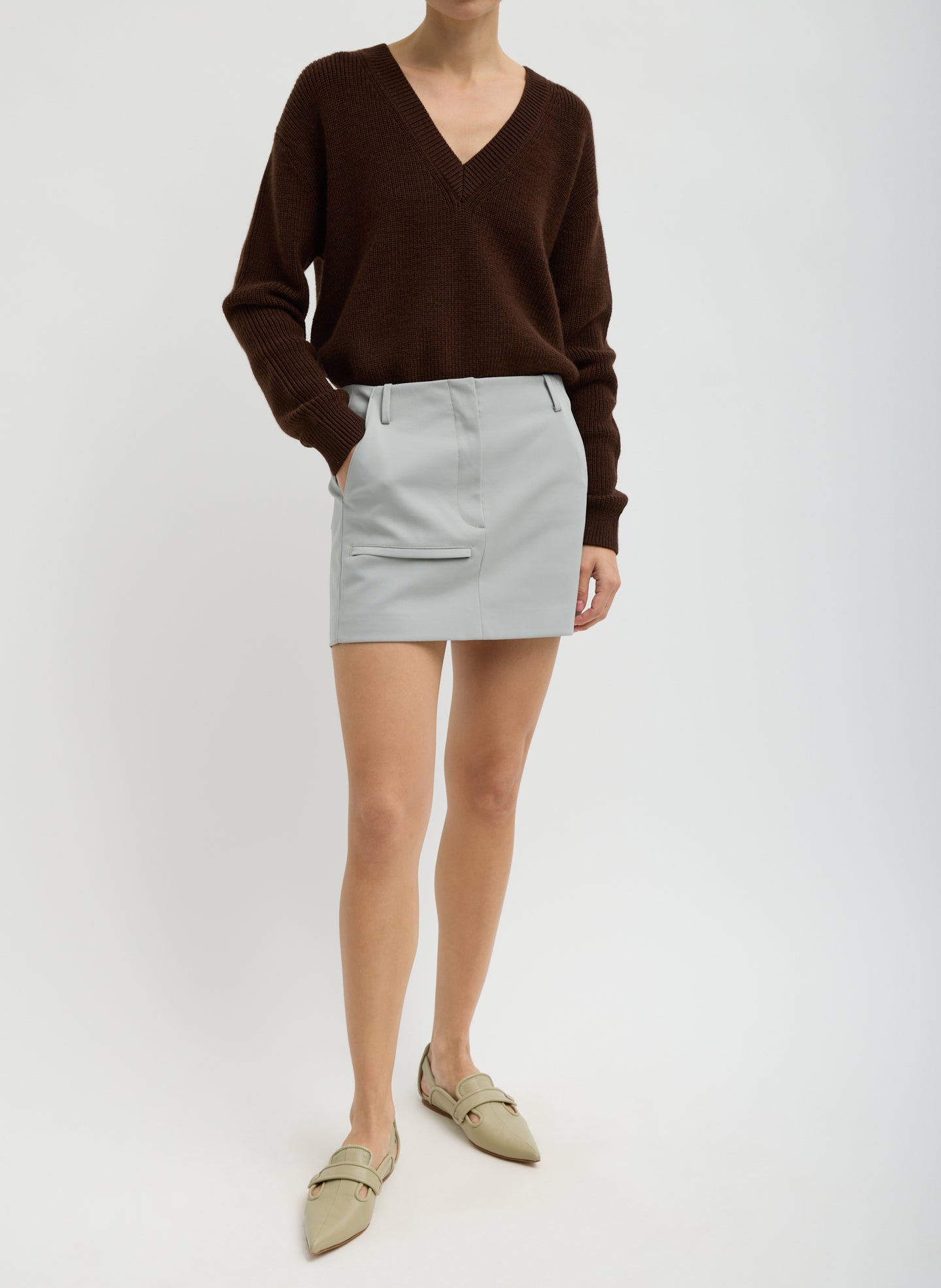 Compact Tech Knit Mini Skirt - Light Grey Compact Tech Knit Mini Skirt - full look, front view on model