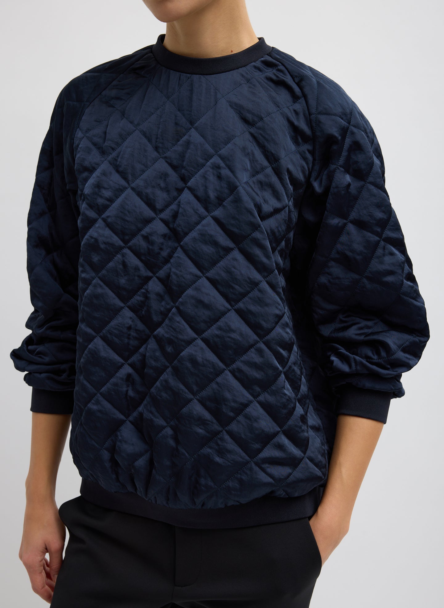 Cozy Quilting Sweatshirt - Navy Cozy Quilting Sweatshirt - quilted sweatshirt, front view on model