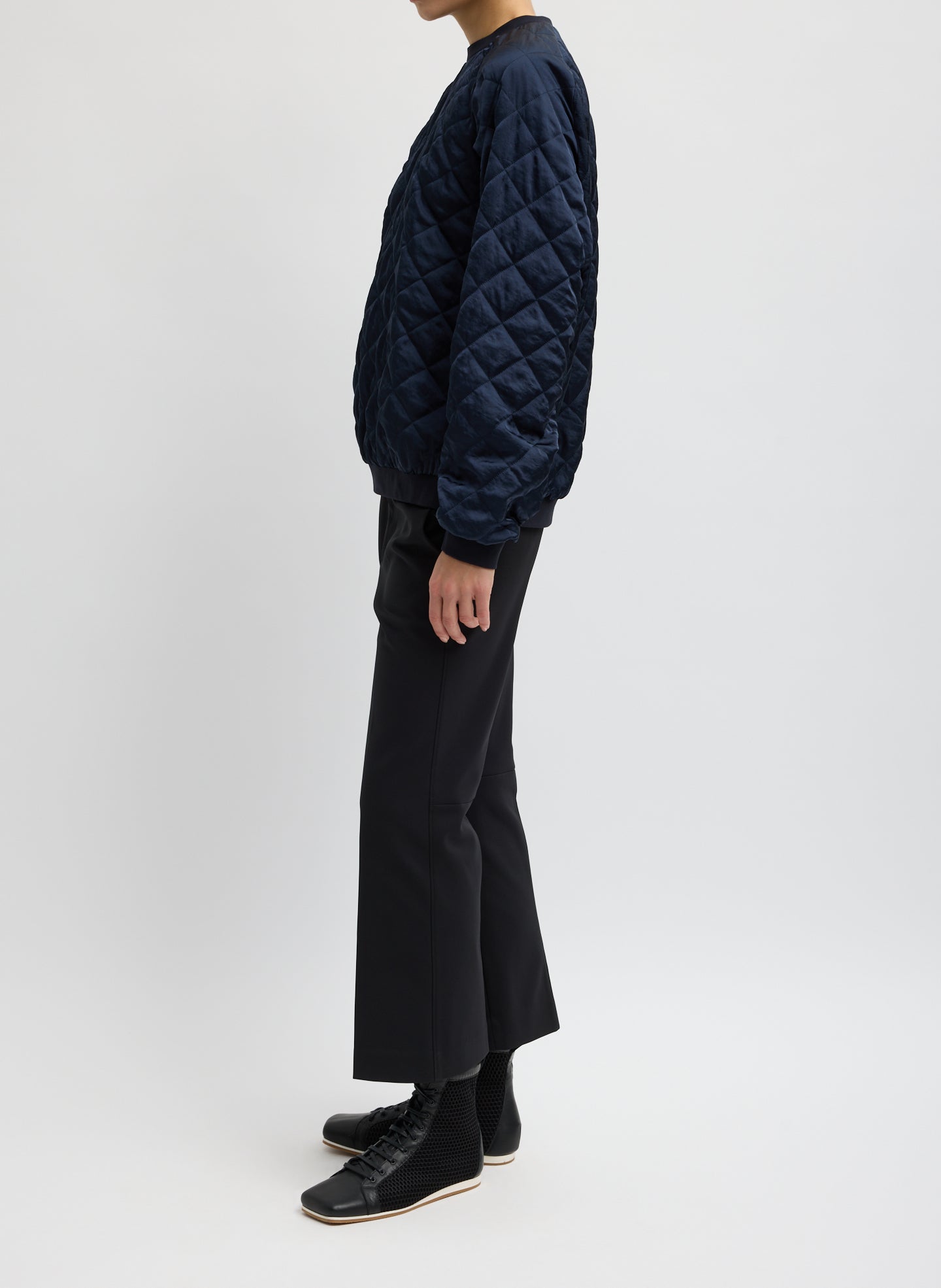 Navy Cozy Quilting Sweatshirt - full look, side view on model