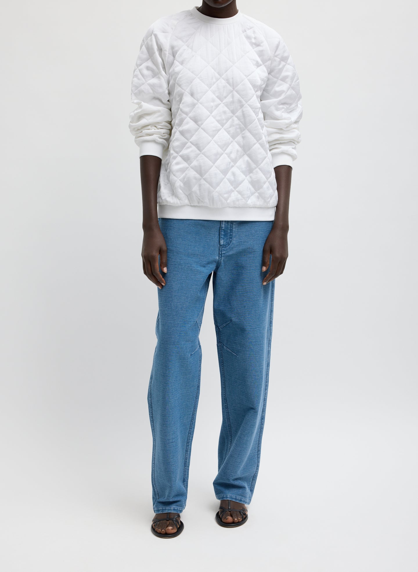 White Cozy Quilting Sweatshirt - quilted sweatshirt, front view on model