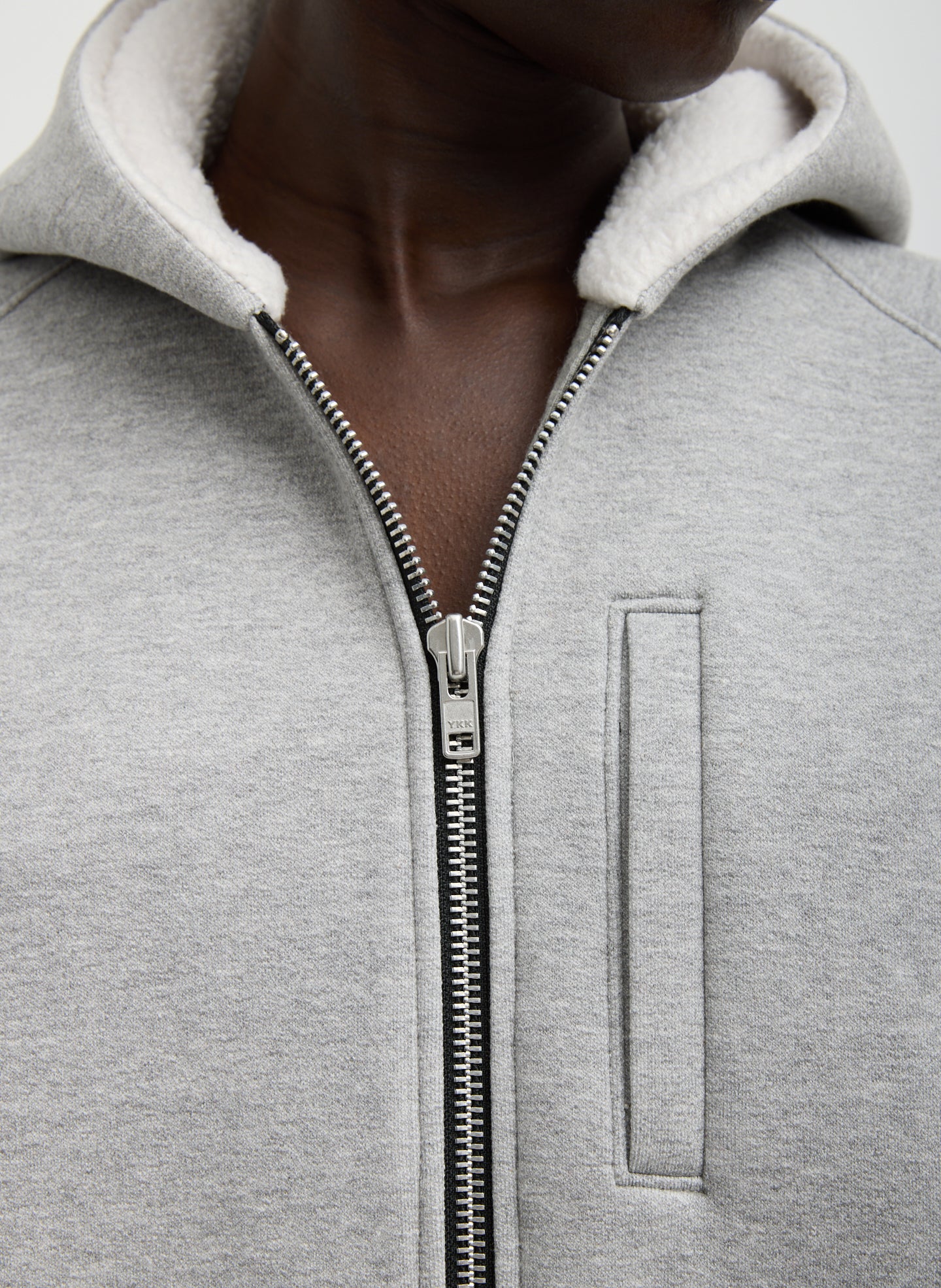 Heather Grey Compact Tech French Terry Zip Up Hoodie - closeup of zip front detail