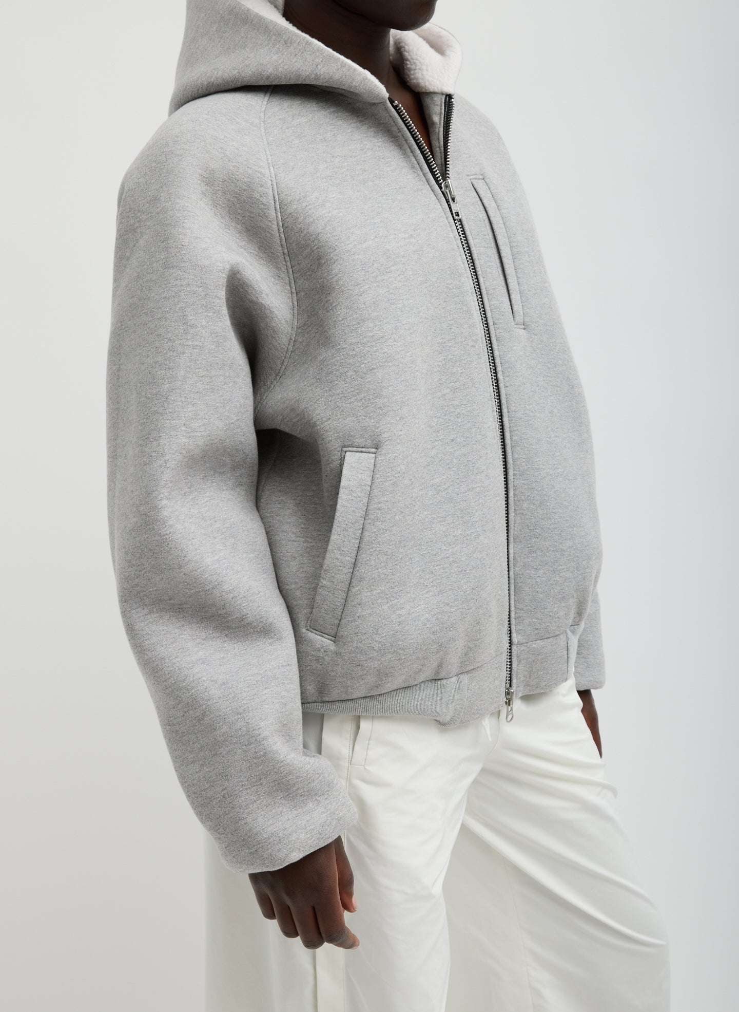 Heather Grey Compact Tech French Terry Zip Up Hoodie - light grey hooded jacket, side view on model