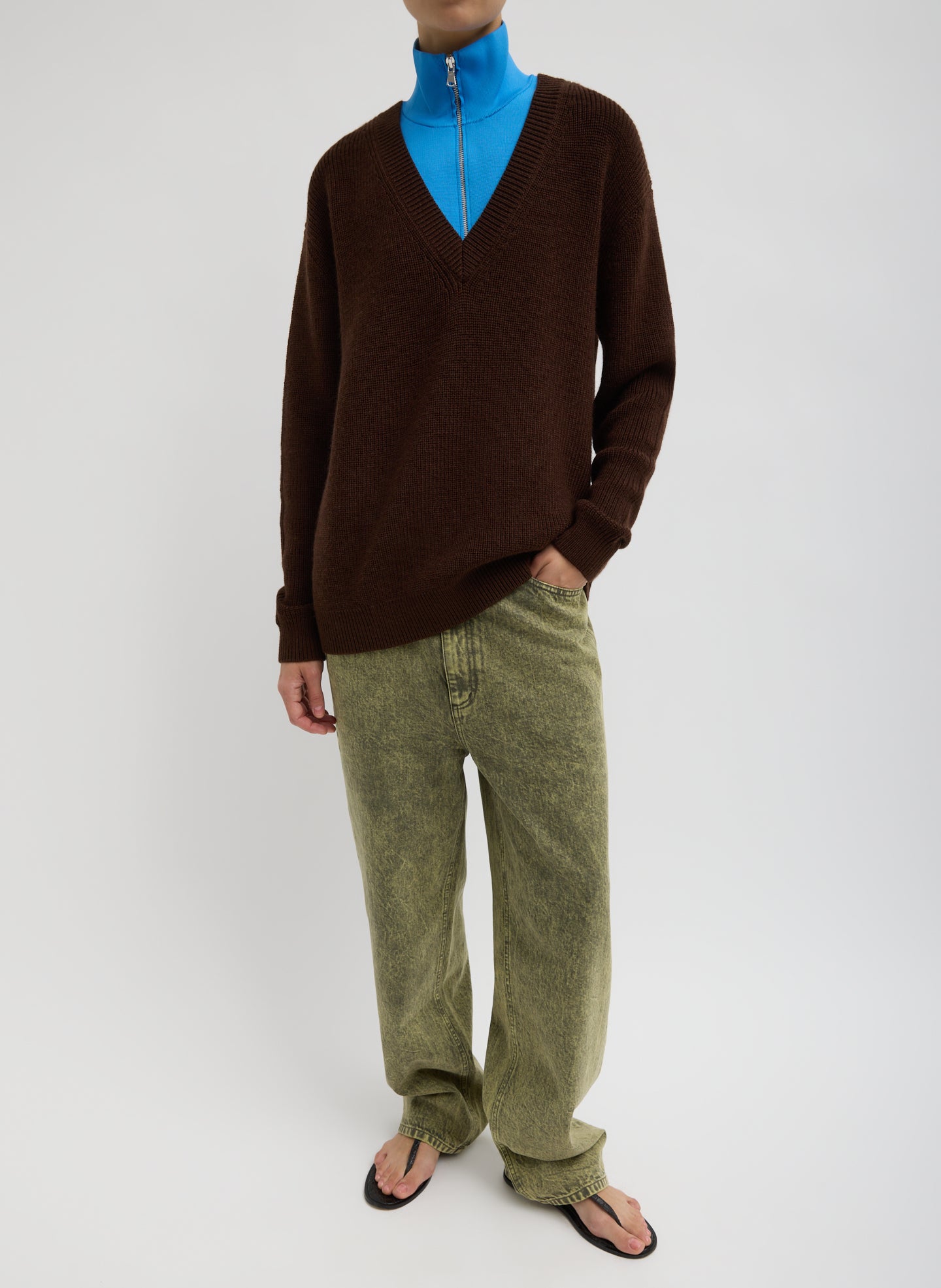 Brown Cardigan Stitch V-Neck With Removable Dickie - full look, front view on model