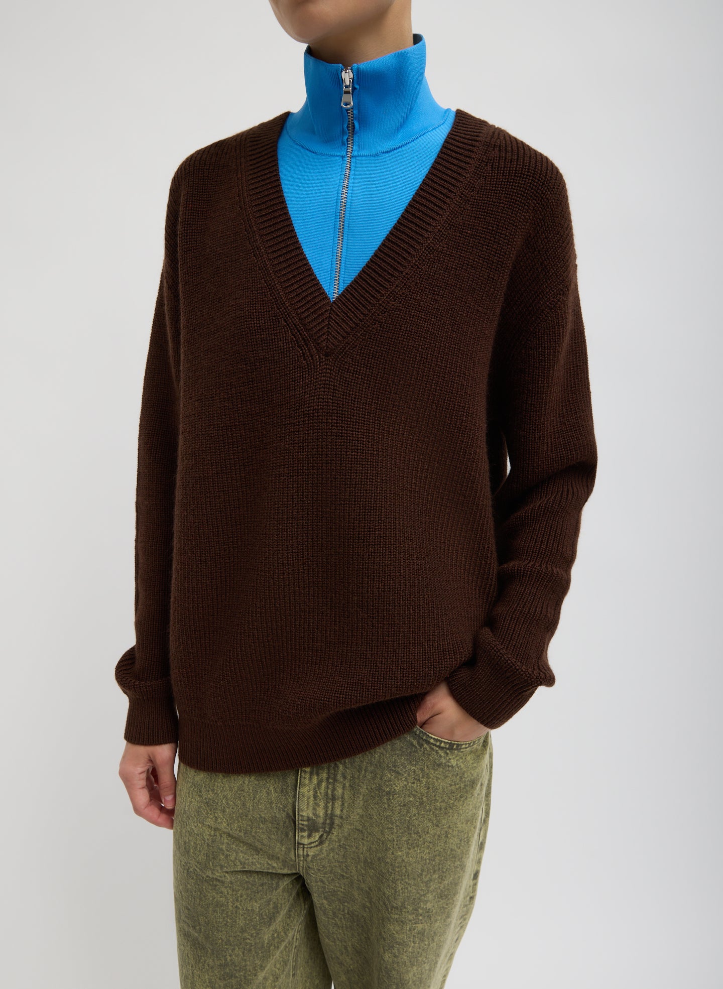 Brown Cardigan Stitch V-Neck With Removable Dickie - front view on model