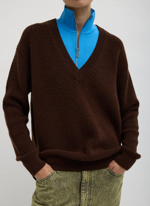 Brown Cardigan Stitch V-Neck With Removable Dickie - front view on model