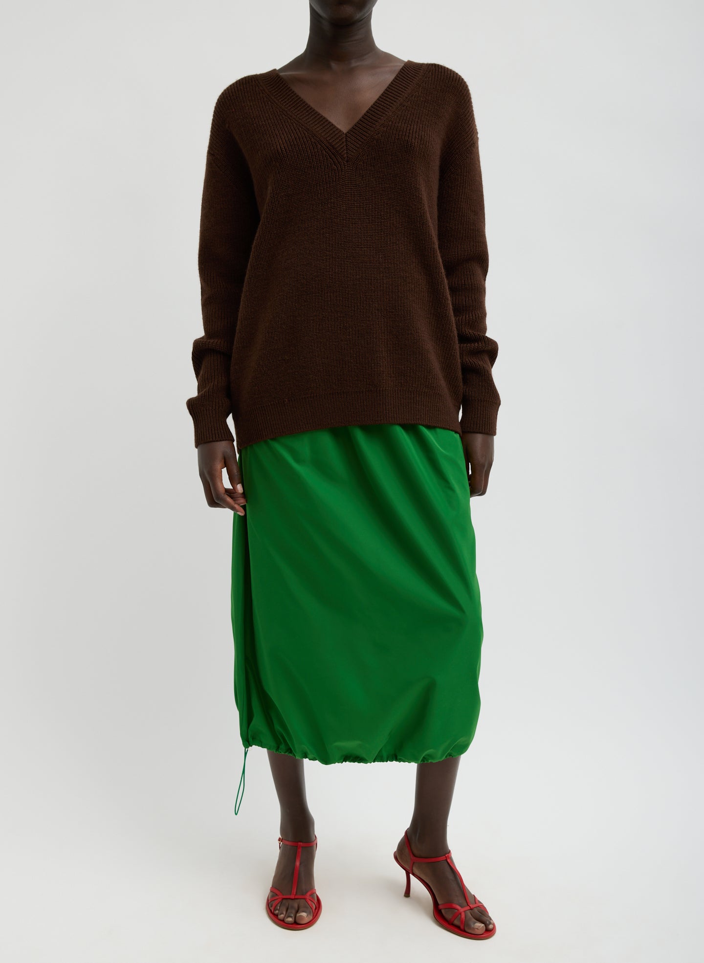 Brown Cardigan Stitch V-Neck With Removable Dickie - full look, front view on model