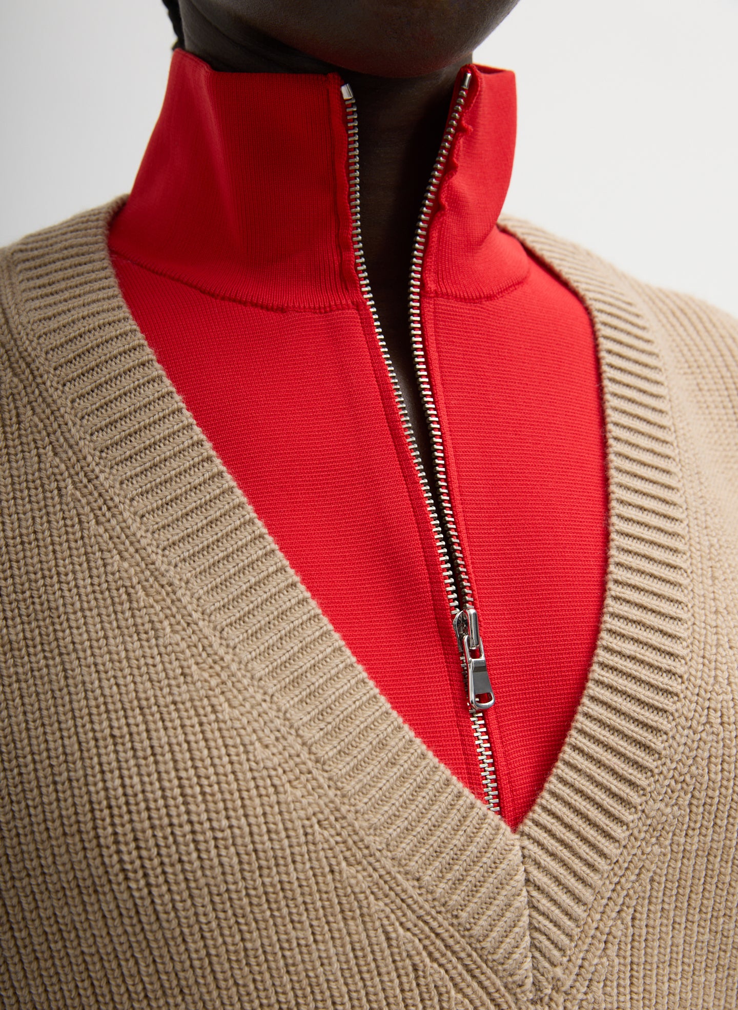 Beige Latte Cardigan Stitch V-Neck With Removable Dickie - closeup of removable dickie