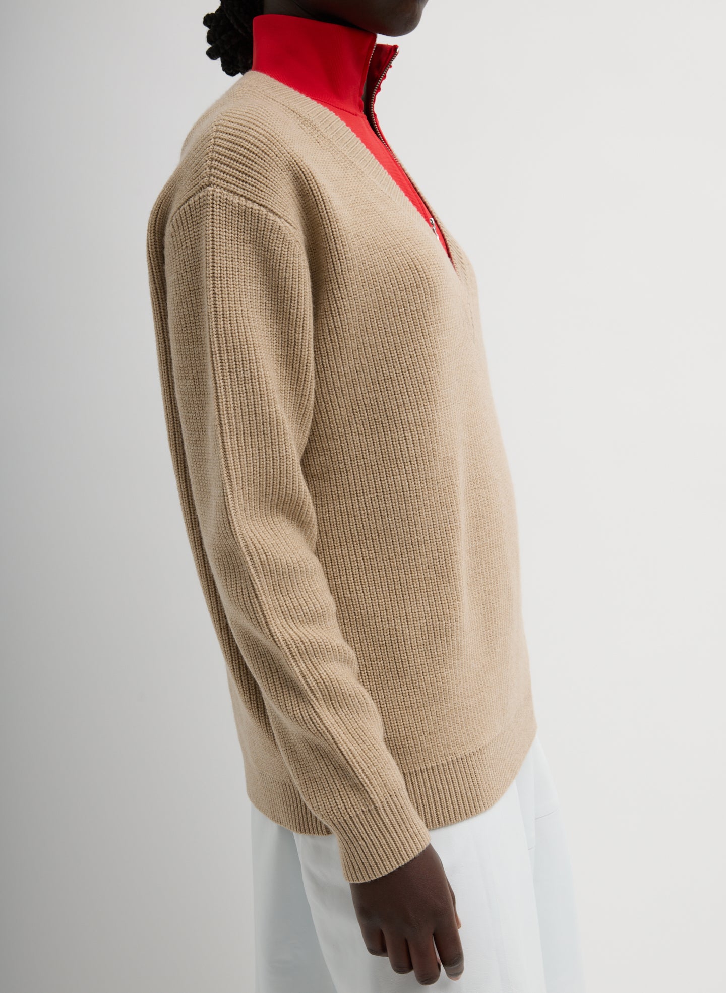 Beige Latte Cardigan Stitch V-Neck With Removable Dickie - side view on model