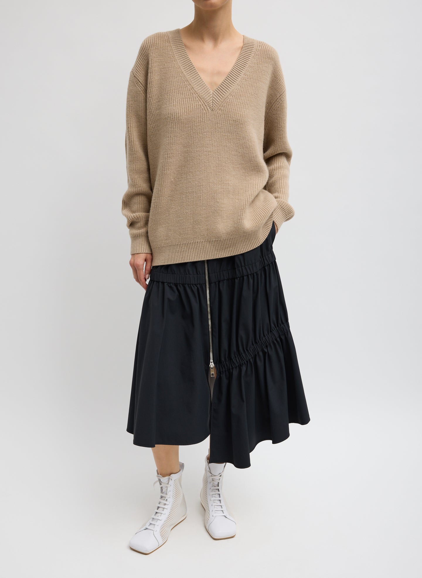 Beige Latte Cardigan Stitch V-Neck With Removable Dickie - v-neck with dickie removed