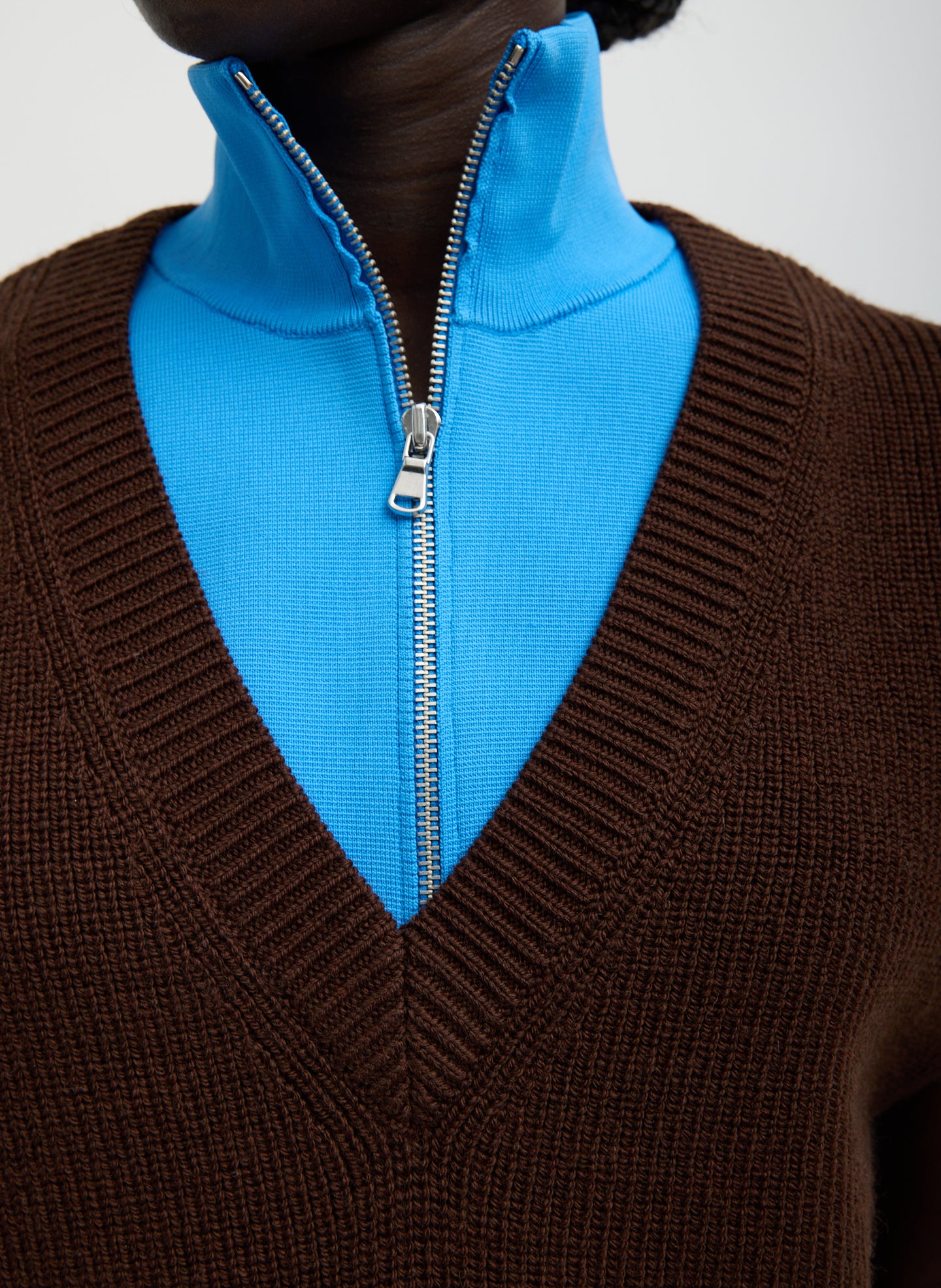 Brown Cardigan Stitch Sweater Vest With Removable Dickie - closeup of removable dickie